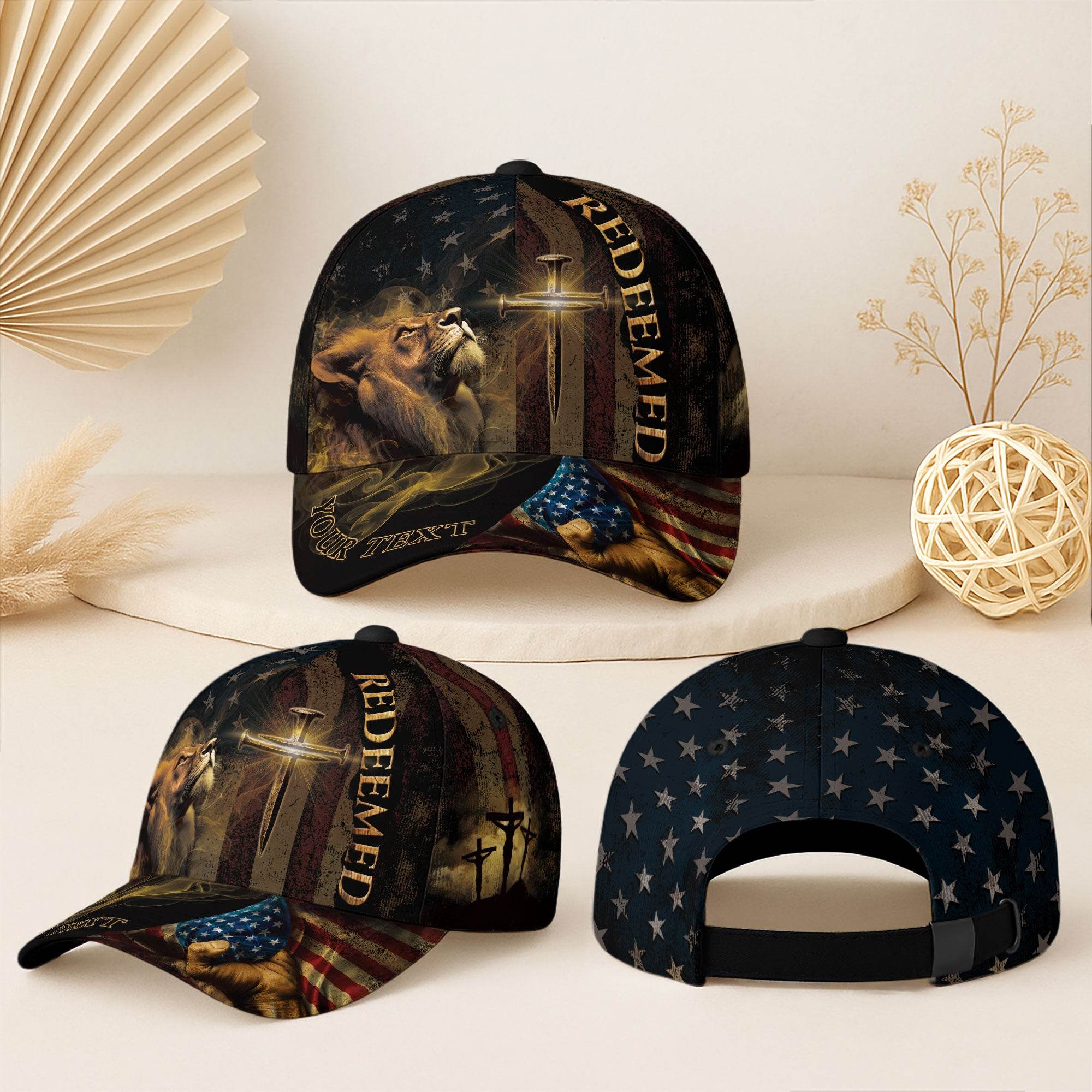 REDEEMED Christian Lion & Sword Hat – American Faith Personalized Edition - Rust Field Wear