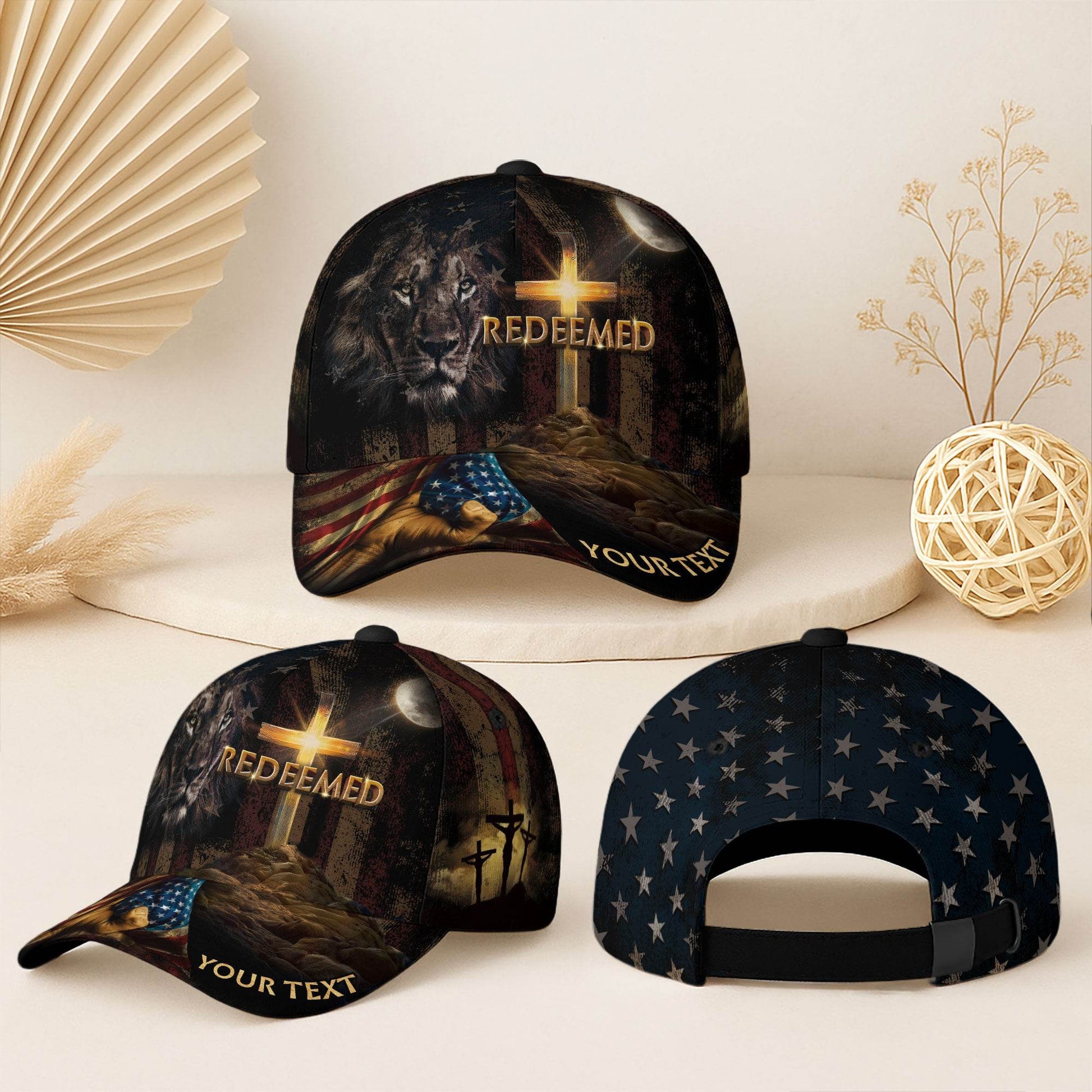 REDEEMED Lion of Judah Cap – Cross & Flag Patriotic Christian Personalized Hat - Rust Field Wear
