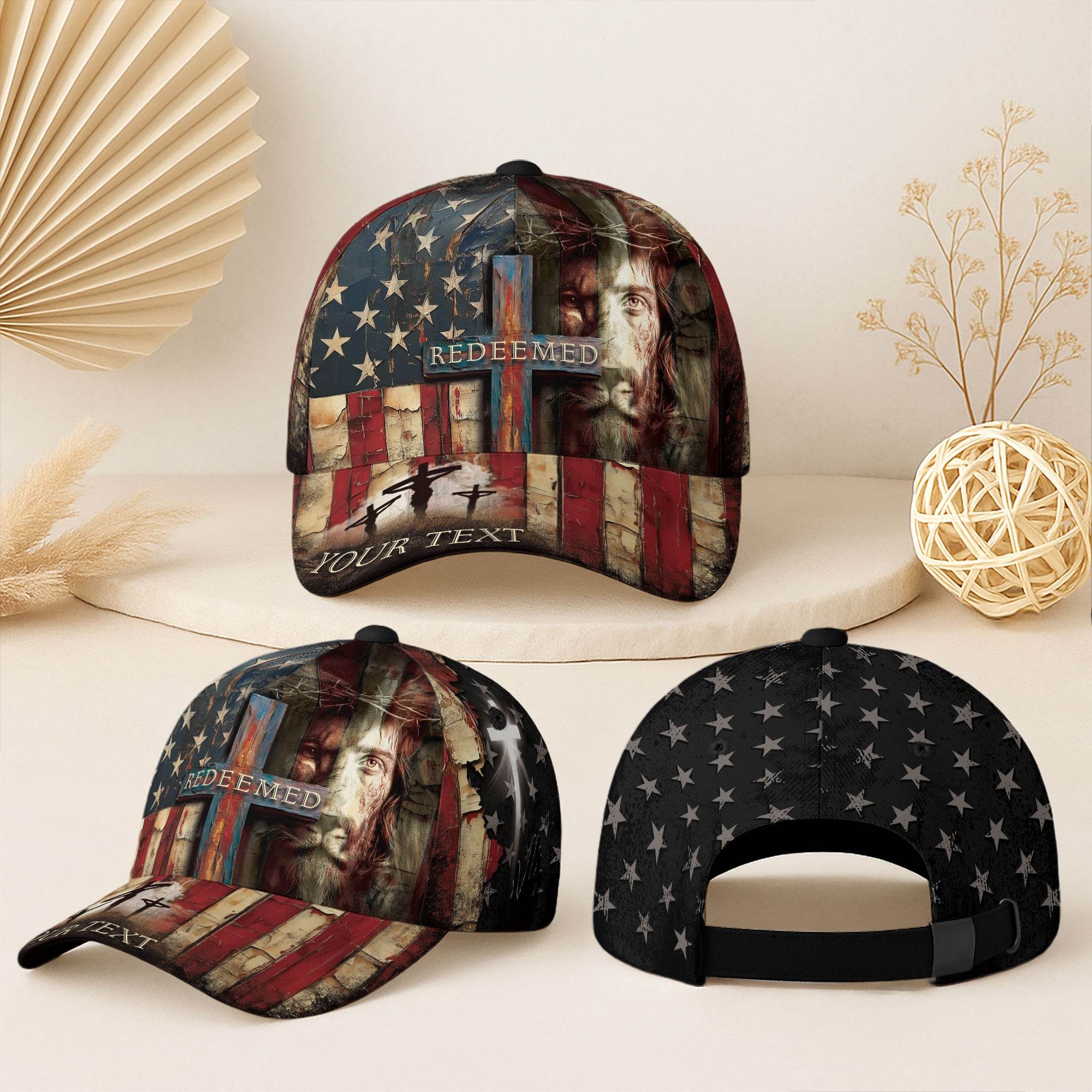REDEEMED Christian Flag Cap – Jesus Face & Cross Patriotic Personalized Hat - Rust Field Wear