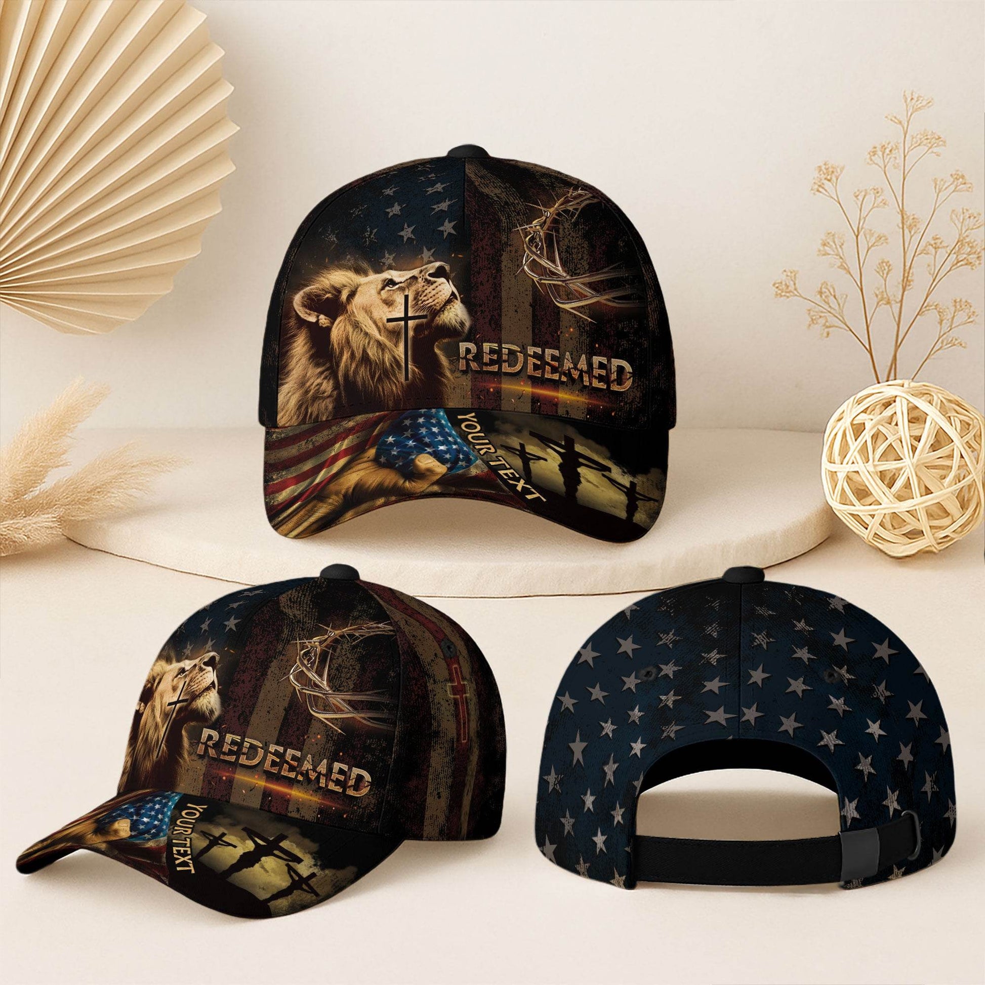 REDEEMED Patriotic Christian Hat – Lion, Cross & Crown of Thorns Personalized Design - Rust Field Wear