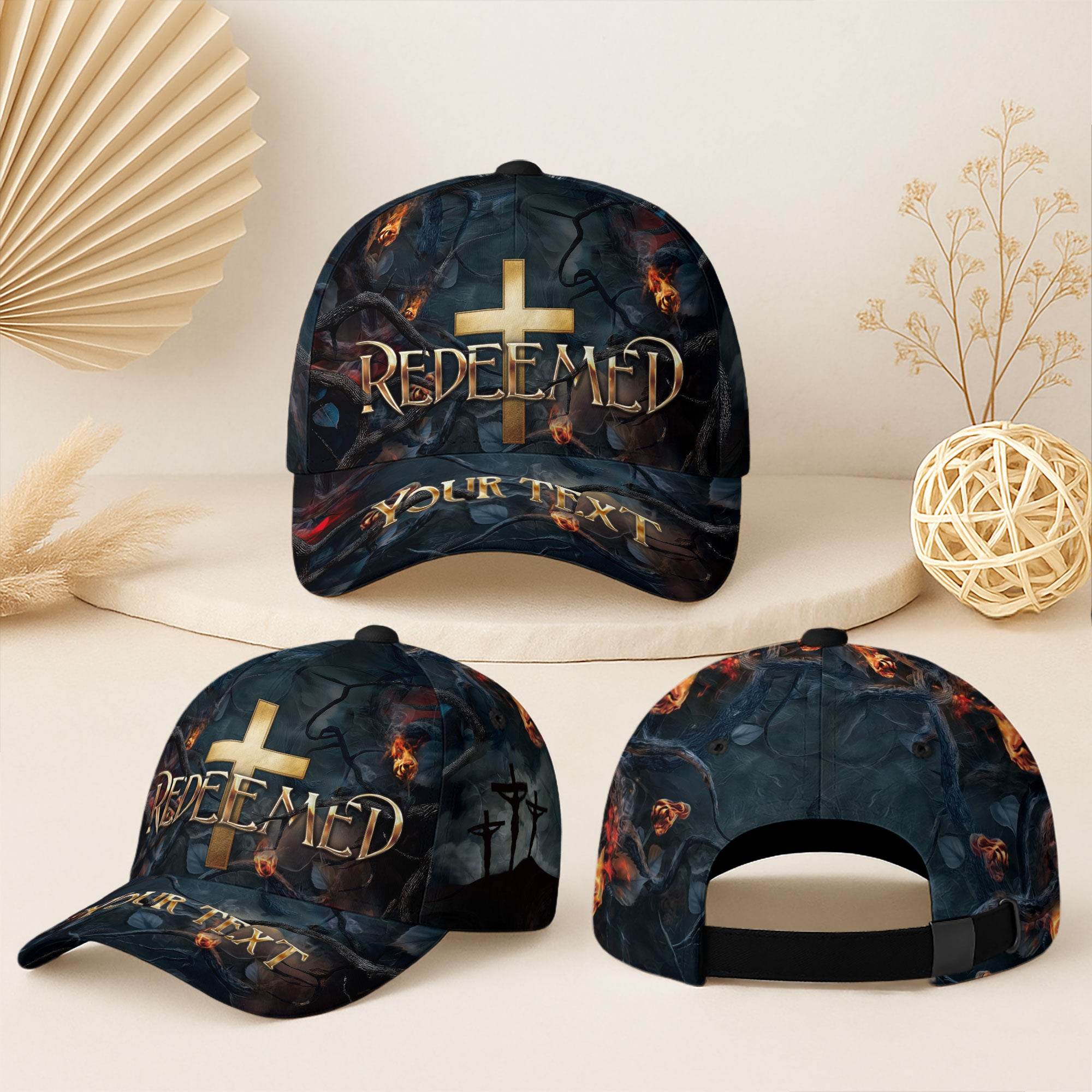 REDEEMED Cross Fire Cap – Bold Christian Statement Hat (Custom Text) - Rust Field Wear