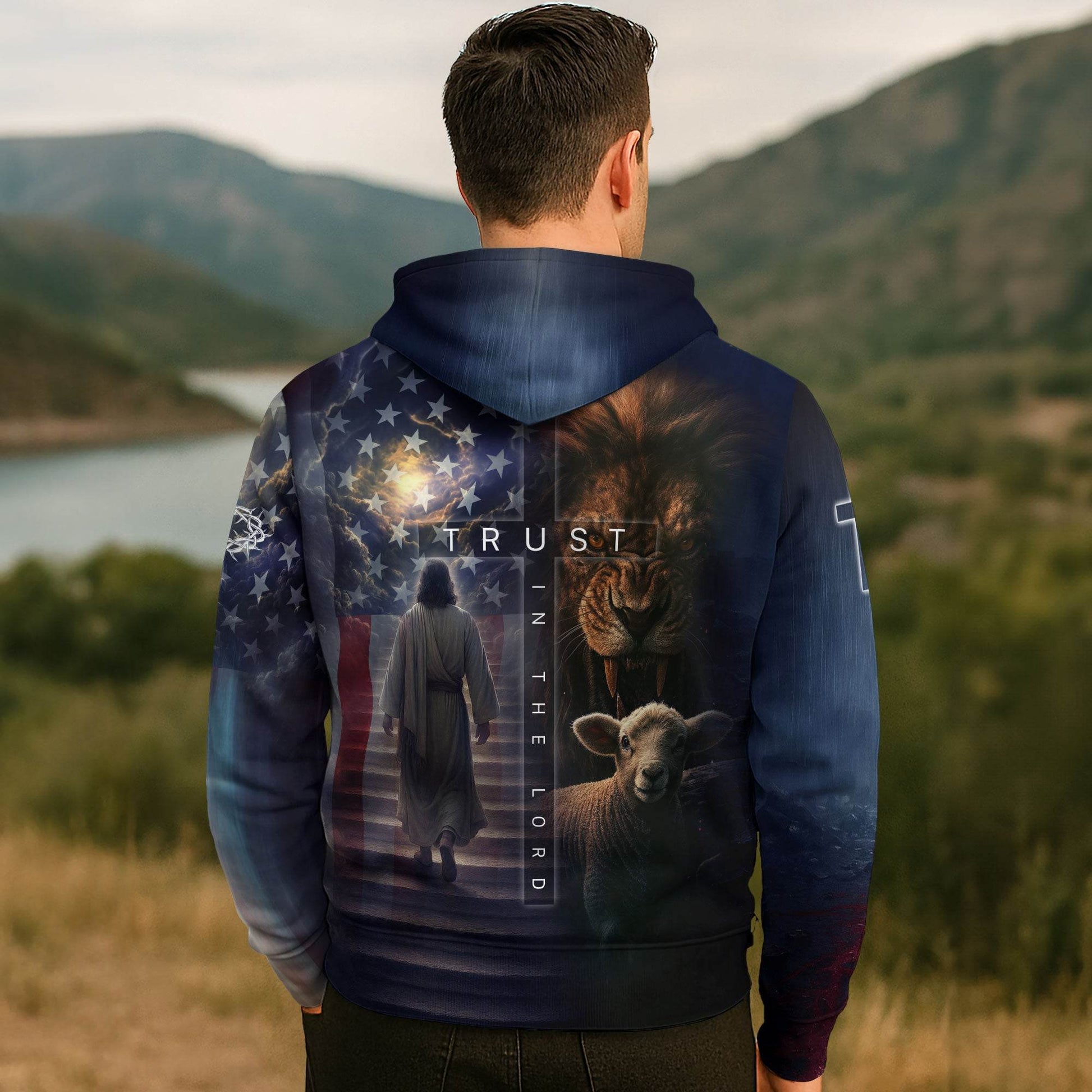 Trust In The Lord Lion & Cross American Flag Christian Hoodie - Rust Field Wear