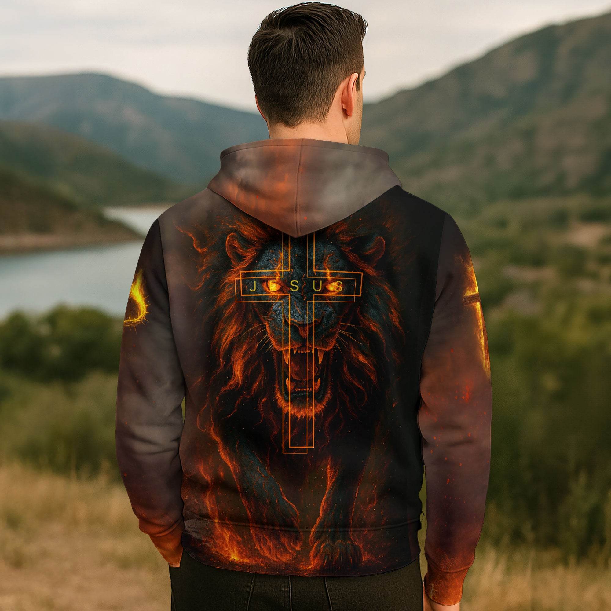 Trust In The Lord Cross & Lion Fire Design Hoodie - Rust Field Wear
