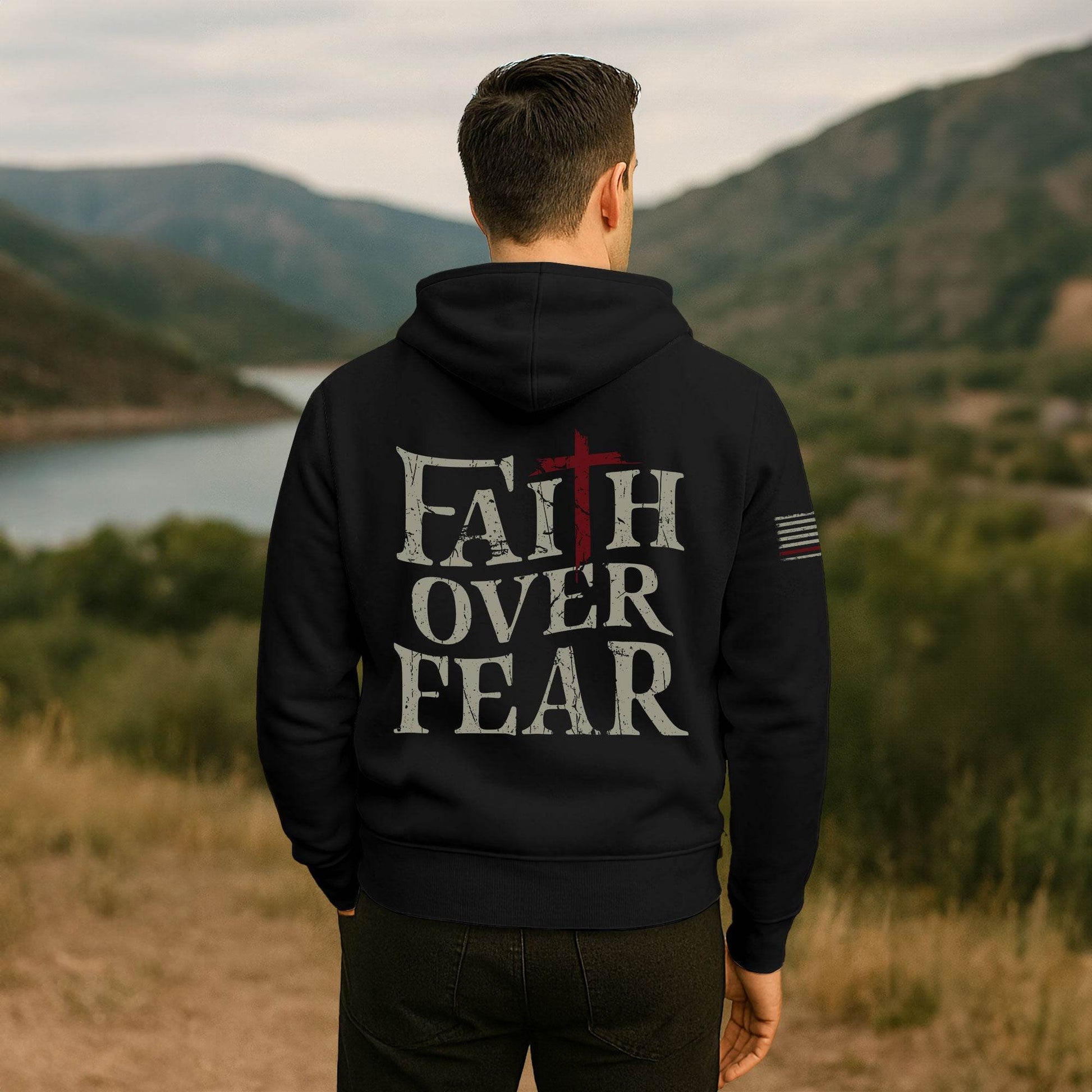 Faith Over Fear Hoodie – Cross & American Flag Front Back Print - Rust Field Wear
