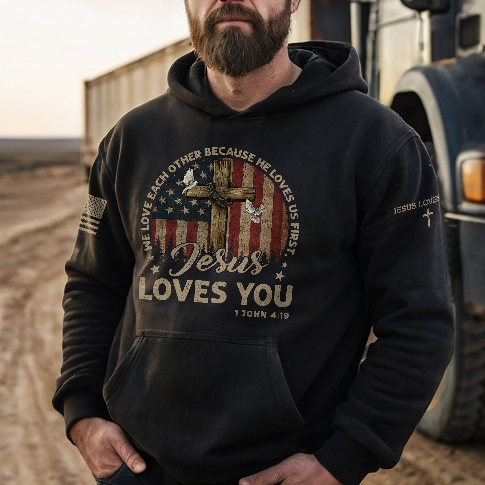 Jesus Loves You Hoodie – 1 John 4:19 Cross, Doves & Flag - Rust Field Wear