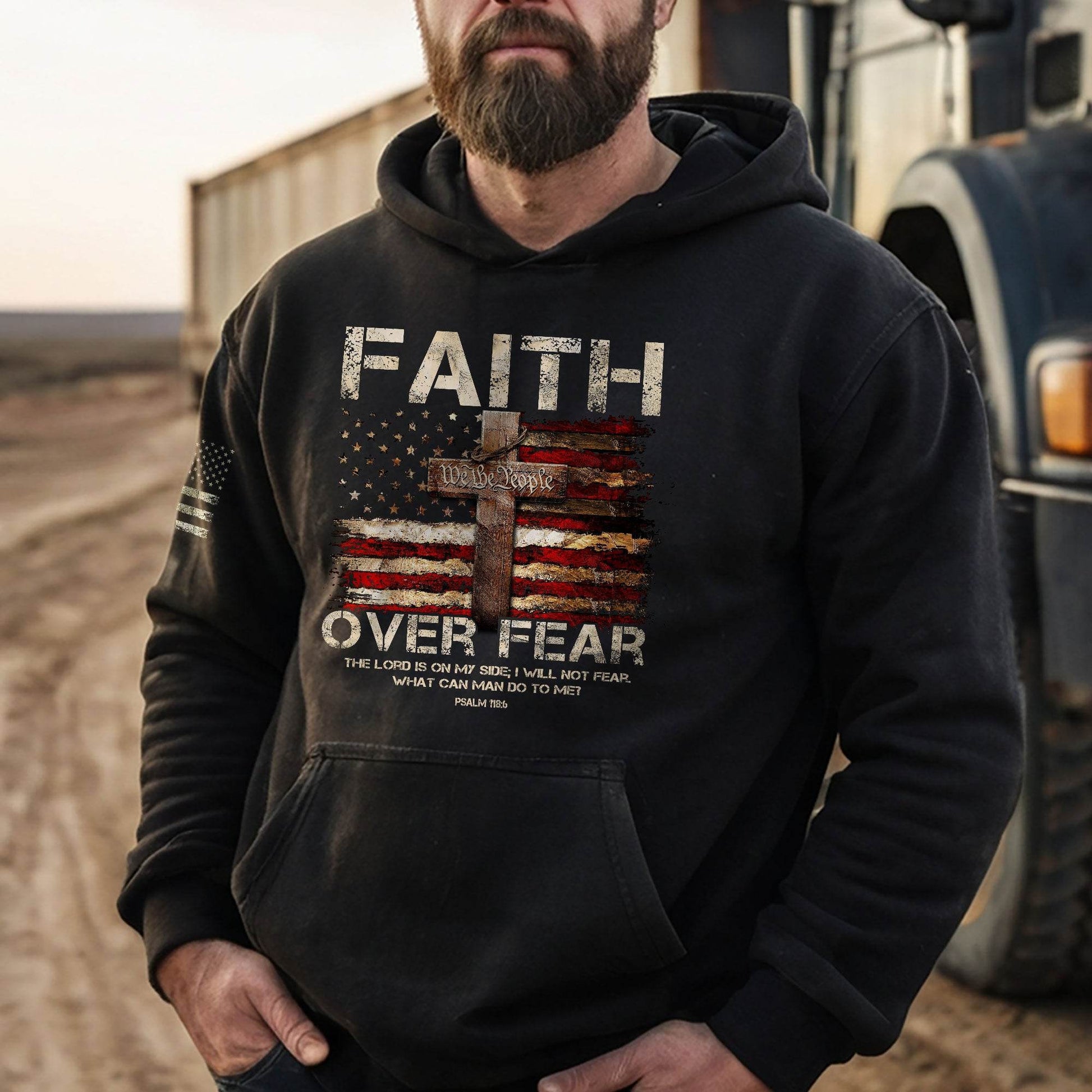 Faith Over Fear Hoodie – Psalm 118:6 Cross & We The People Flag - Rust Field Wear