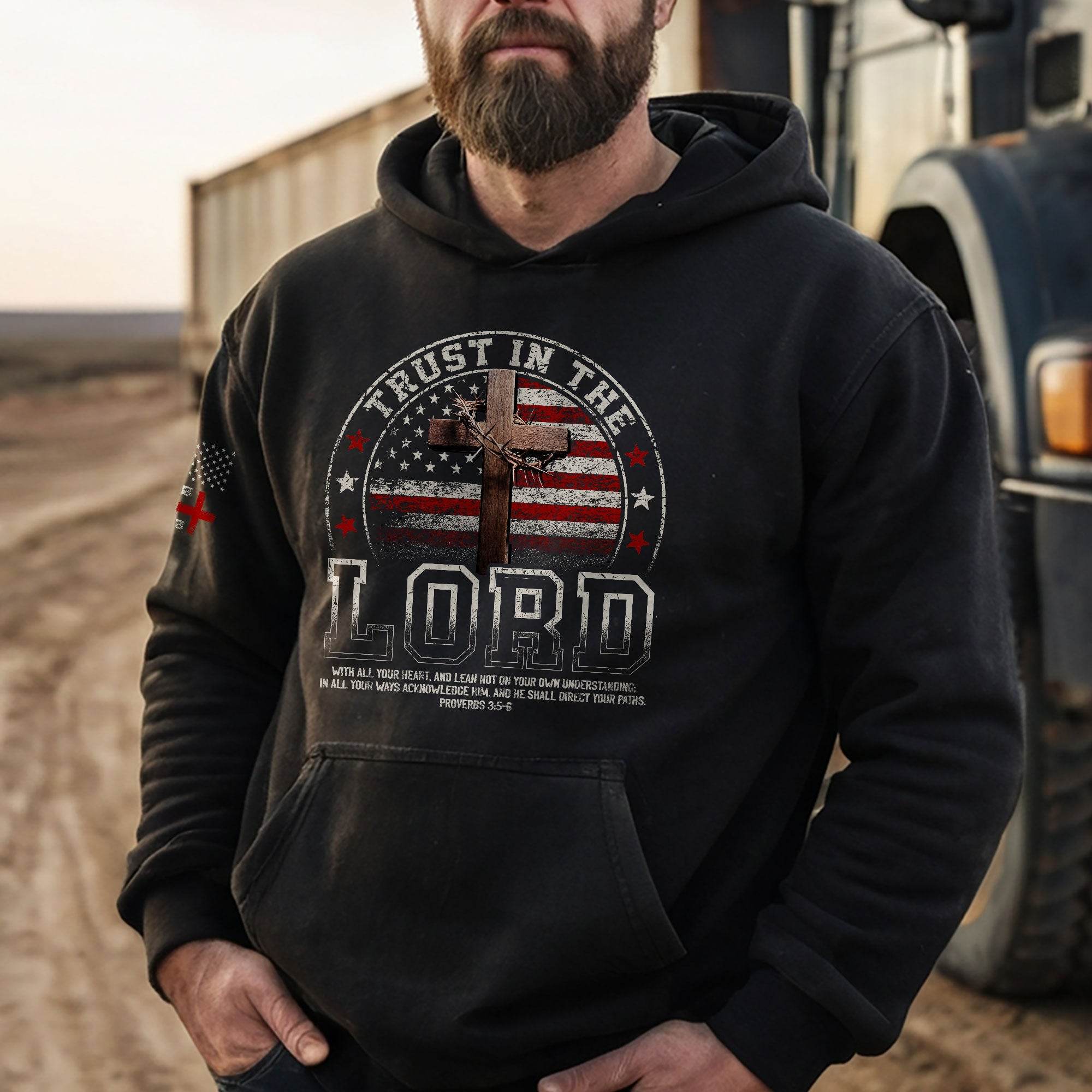 Trust in the Lord Hoodie – Proverbs 3:5-6 Cross & Flag Graphic - Rust Field Wear