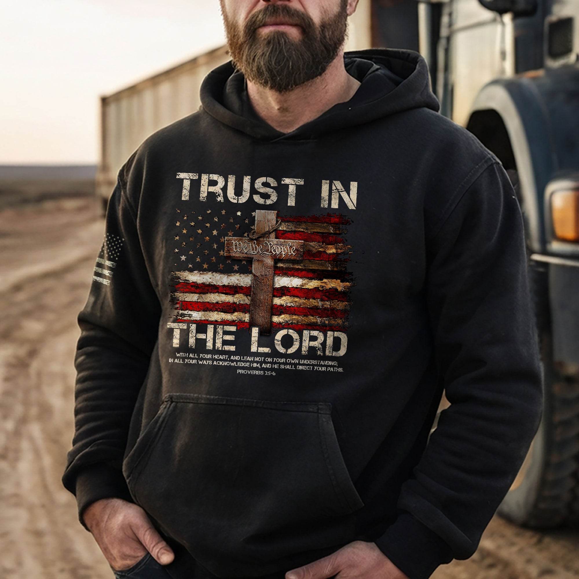 Trust in the Lord Hoodie – Proverbs 3:5-6 Cross & We The People Flag - Rust Field Wear