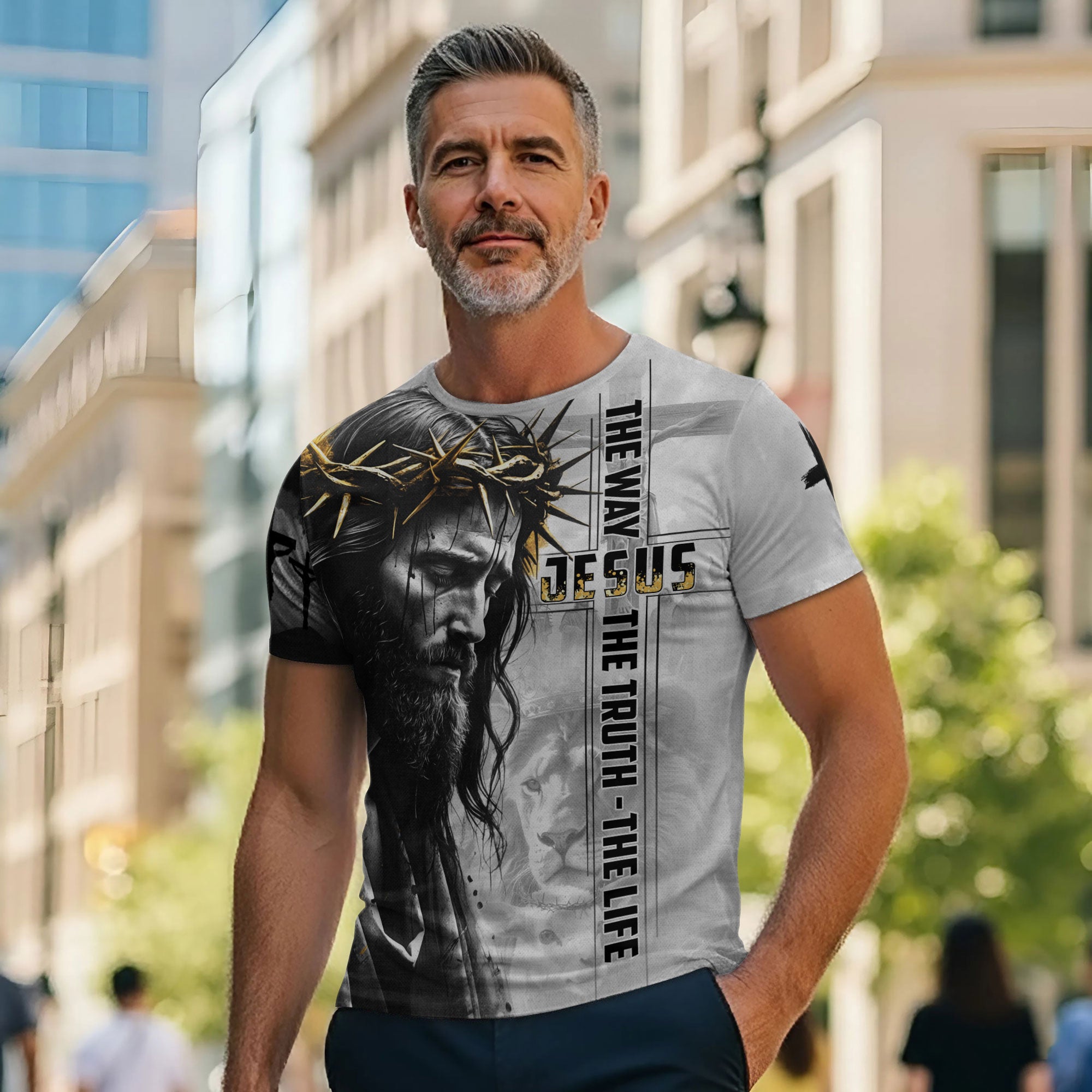 Jesus The Way The Truth The Life Black White Gold Lion Christian T-Shirt