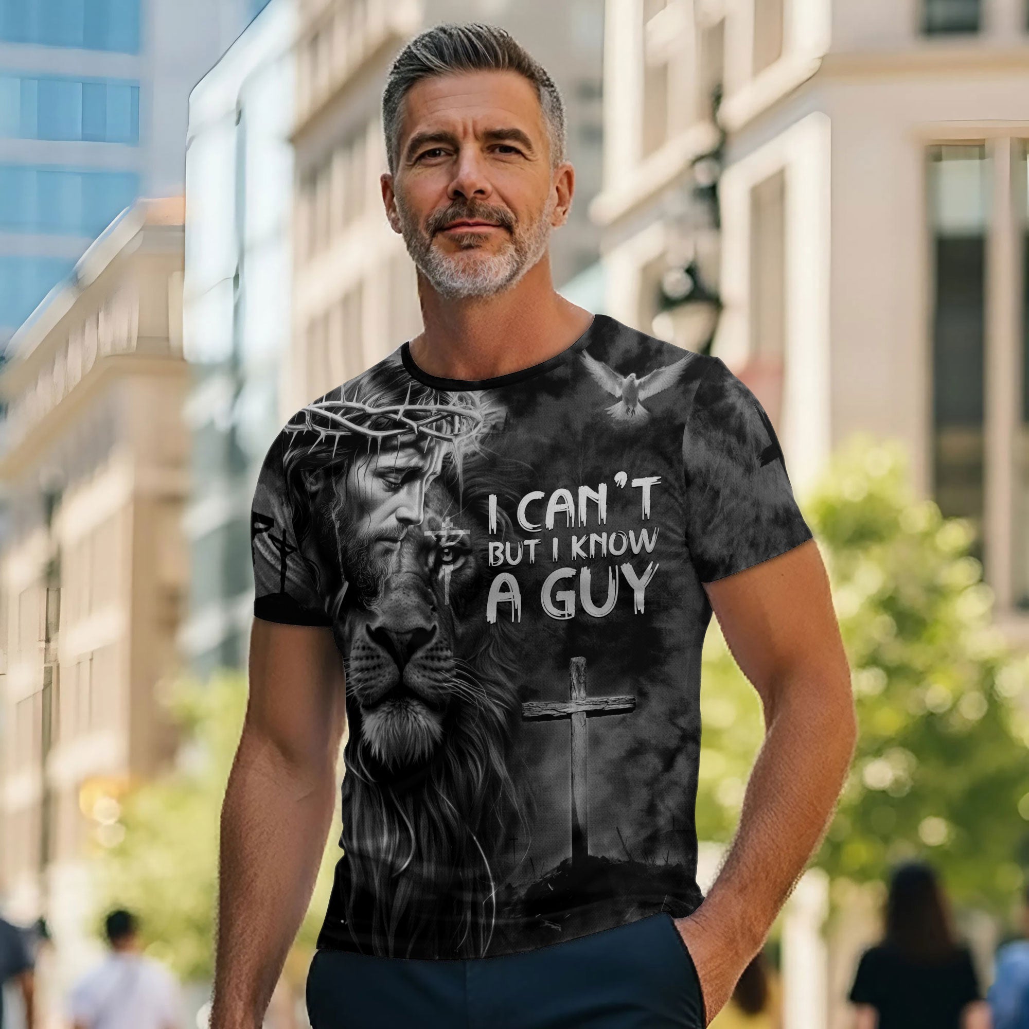I Can’t But I Know A Guy Jesus Cross Lion Of Judah Black And White Christian T-Shirt