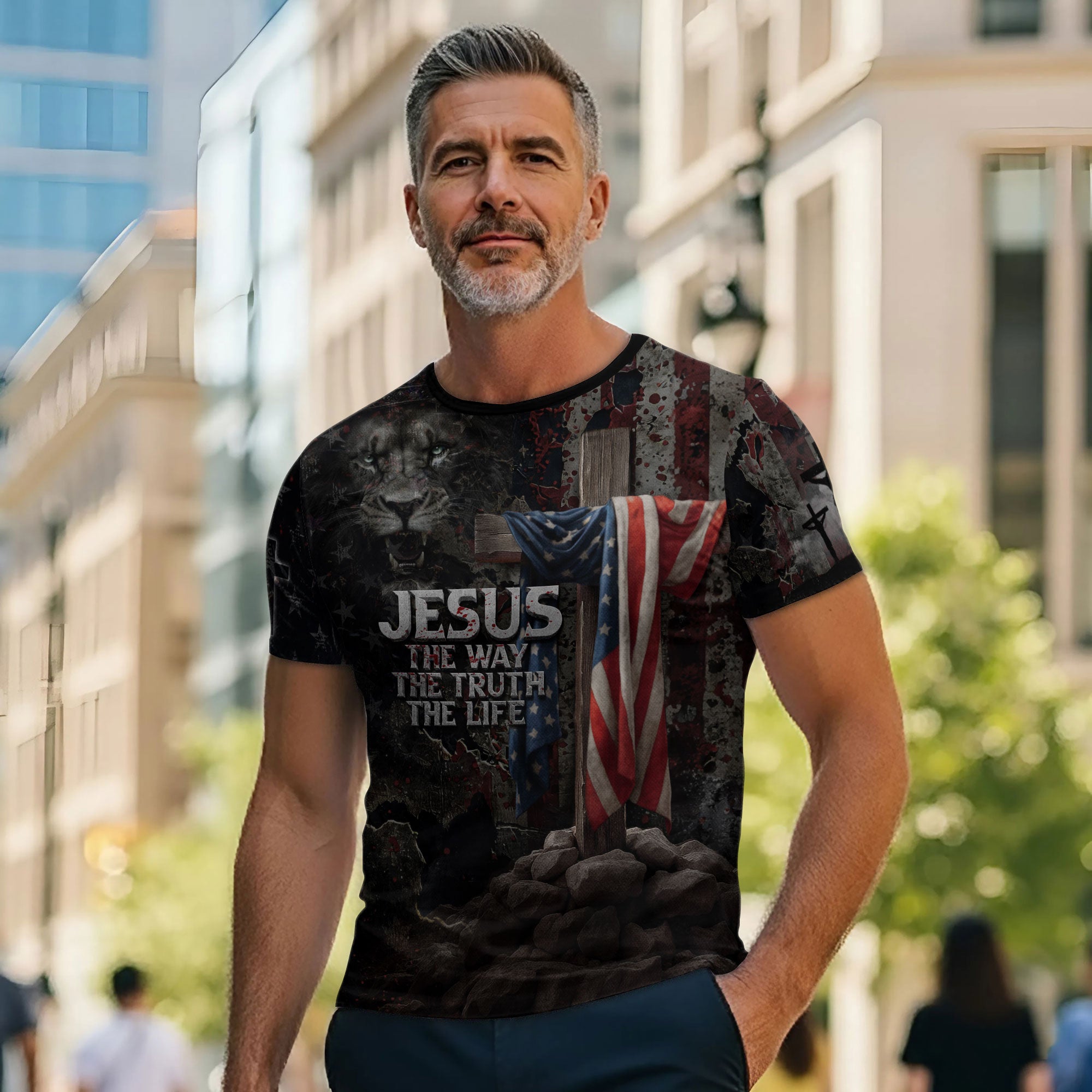Jesus The Way The Truth The Life American Flag Cross Lion Christian T-Shirt