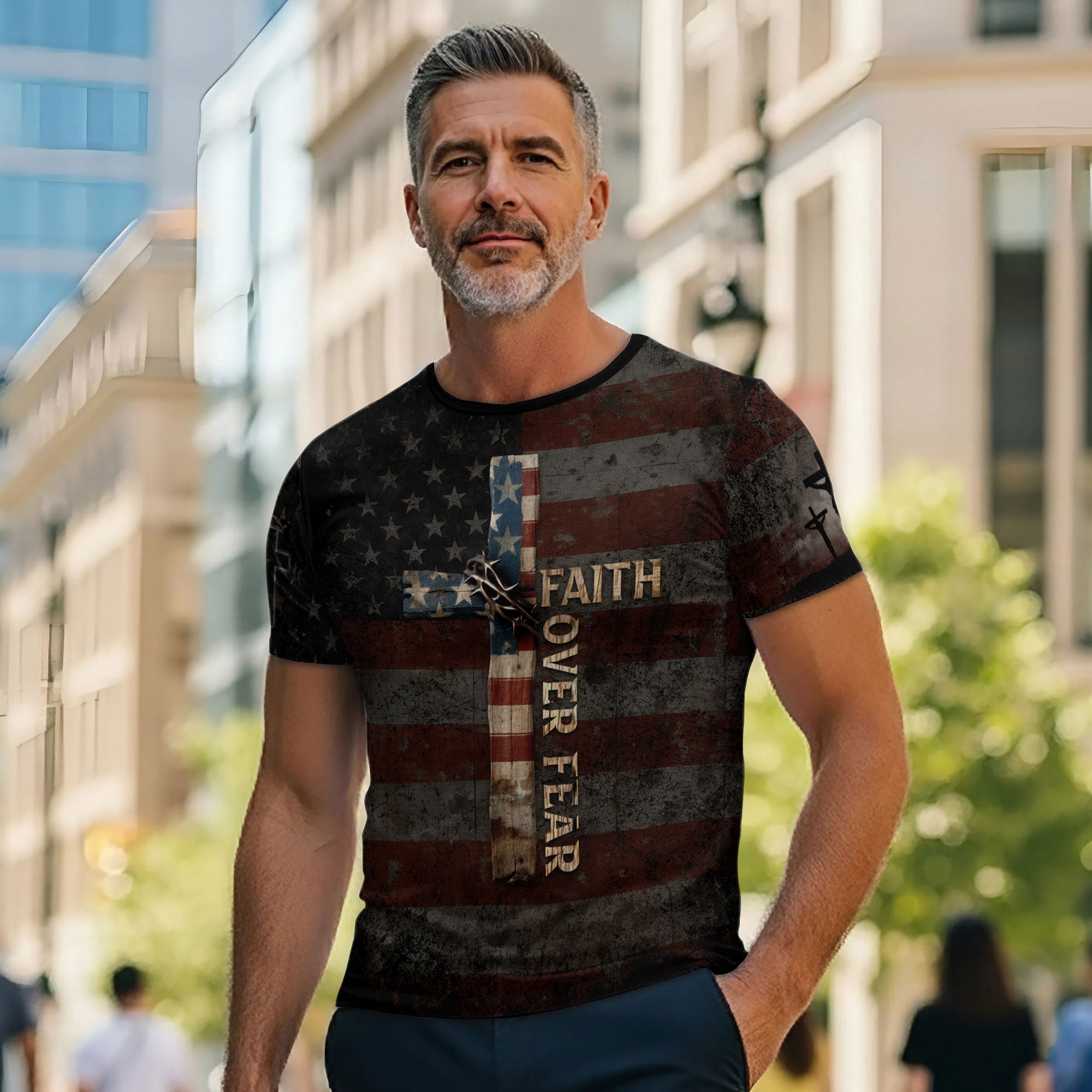 Faith Over Fear Cross American Flag Lion of Judah Jesus Christian T-Shirt