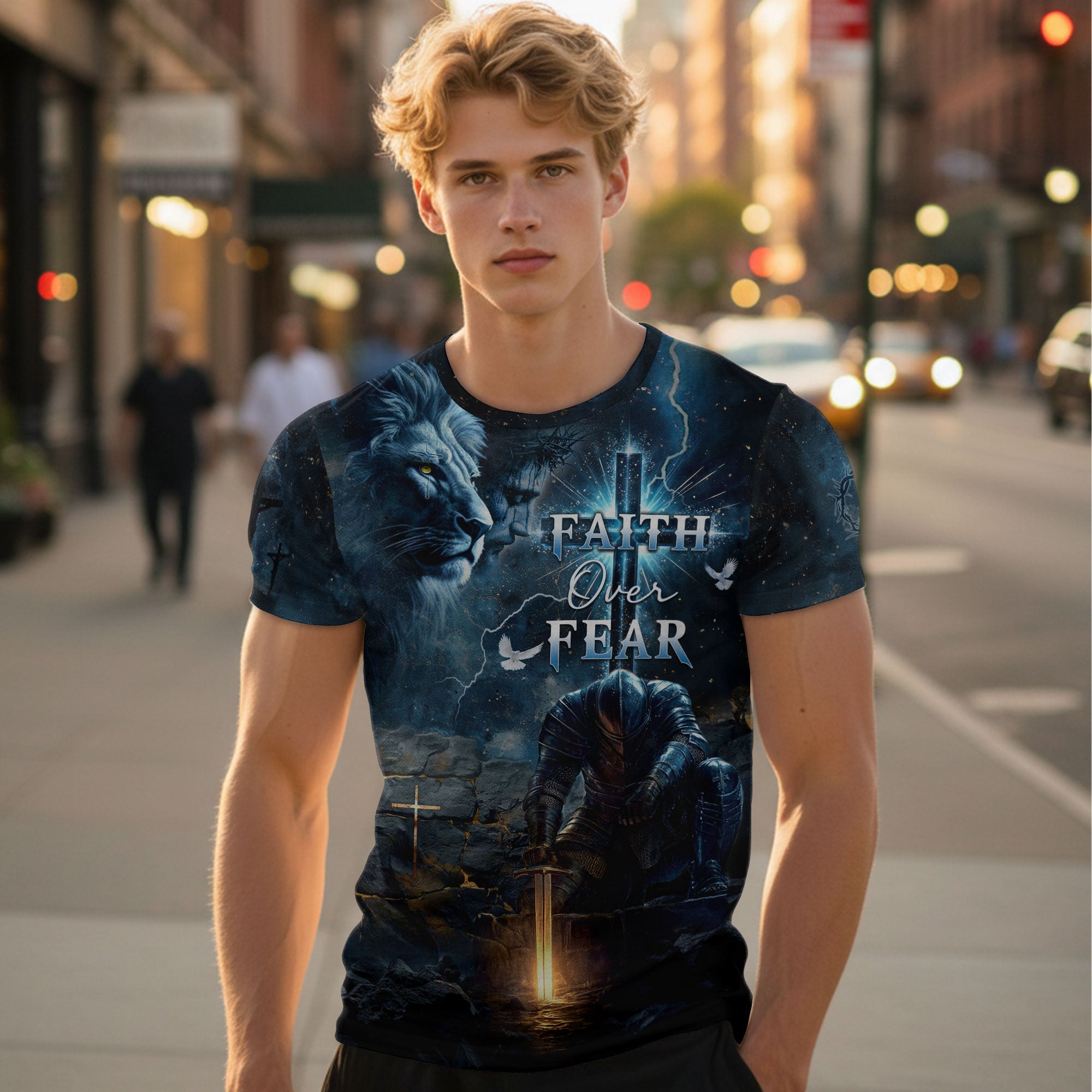 Faith Over Fear Christian T-Shirt Lion Cross Warrior Blue Night Design