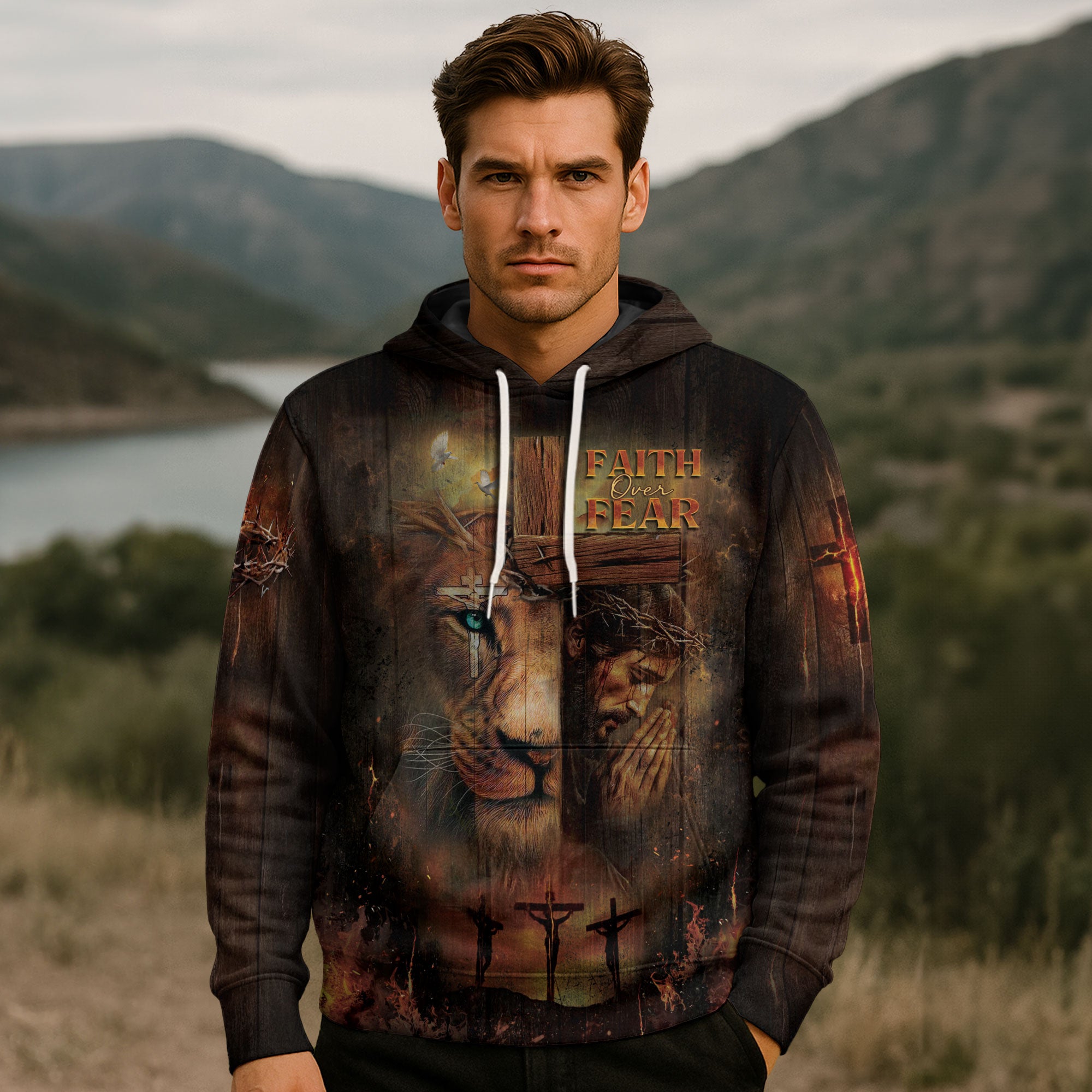 Faith Over Fear Christian Hoodie Lion Jesus Cross Design