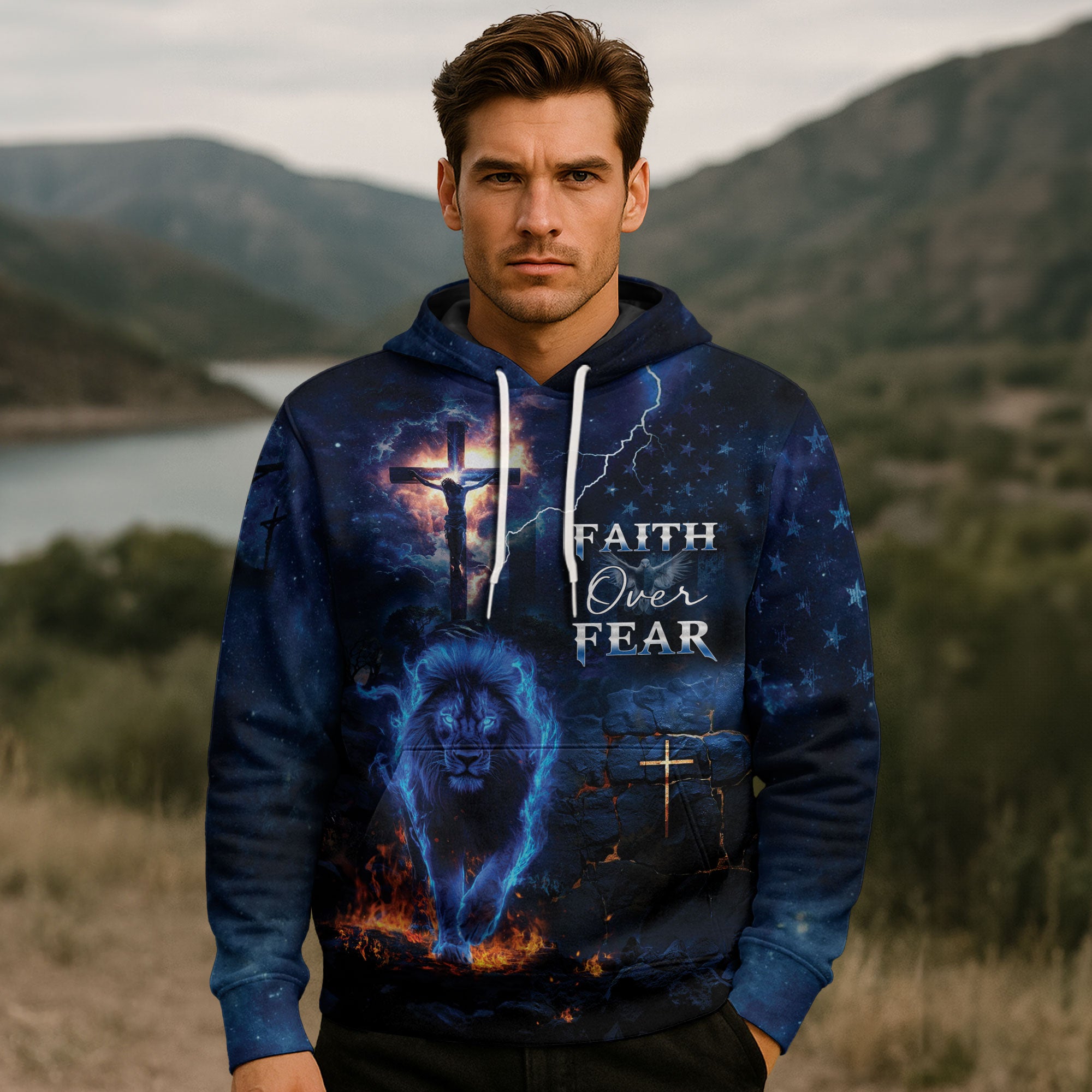 Faith Over Fear Christian Hoodie Lion Cross Blue Lightning Design