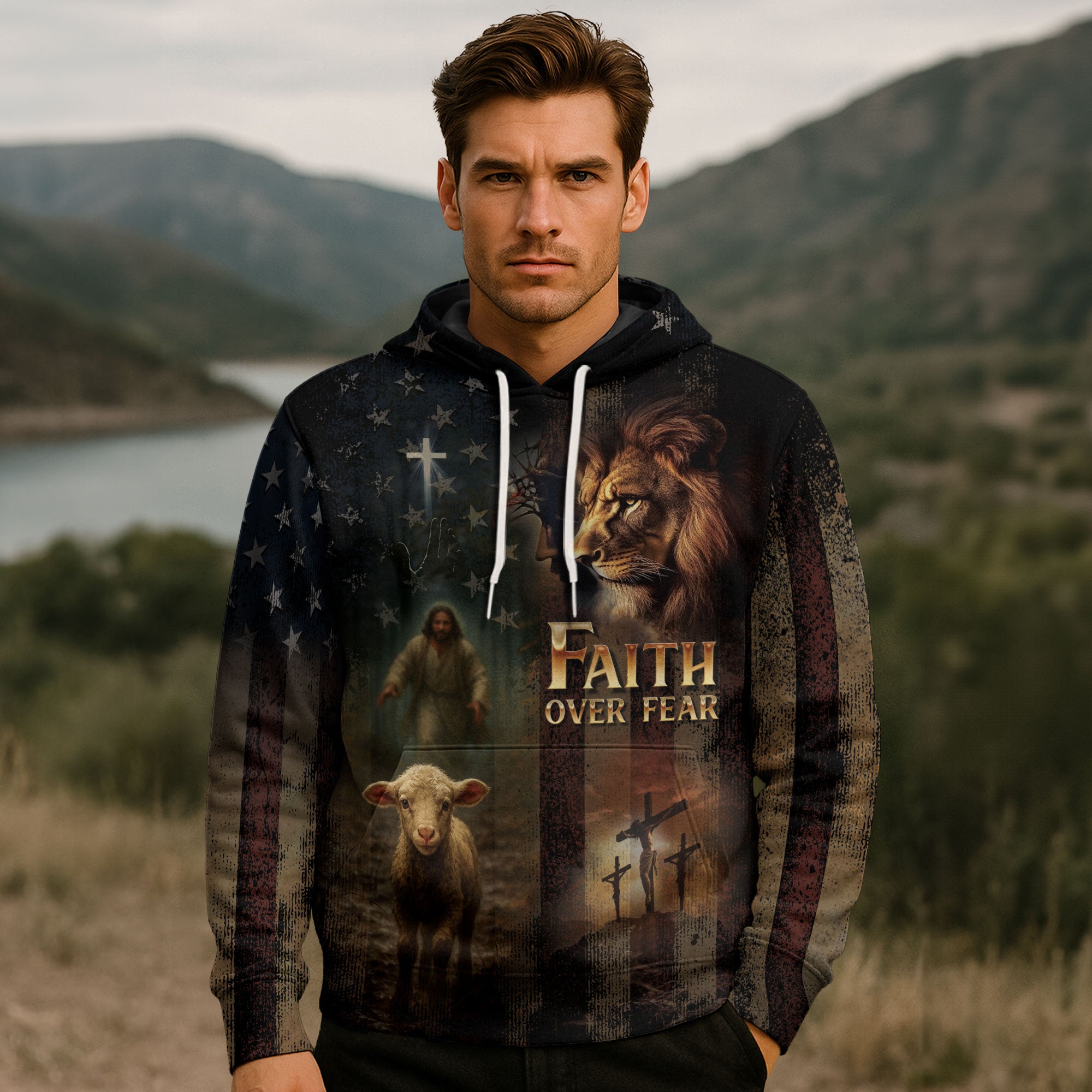 Faith Over Fear Christian Hoodie Jesus Lion Lamb Cross Flag Design