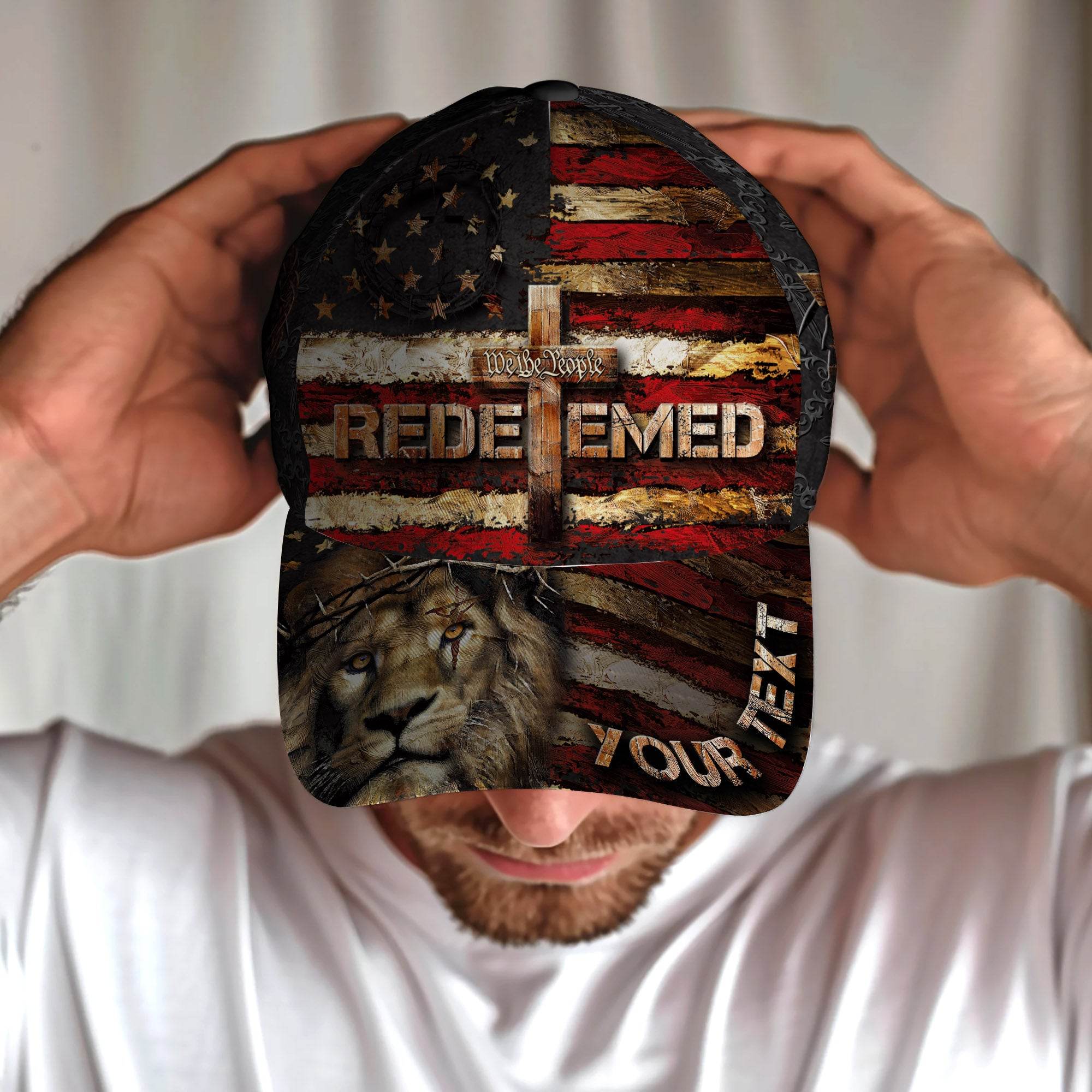 REDEEMED Custom American Flag Christian Cap – Lion of Judah & Cross Design - Rust Field Wear