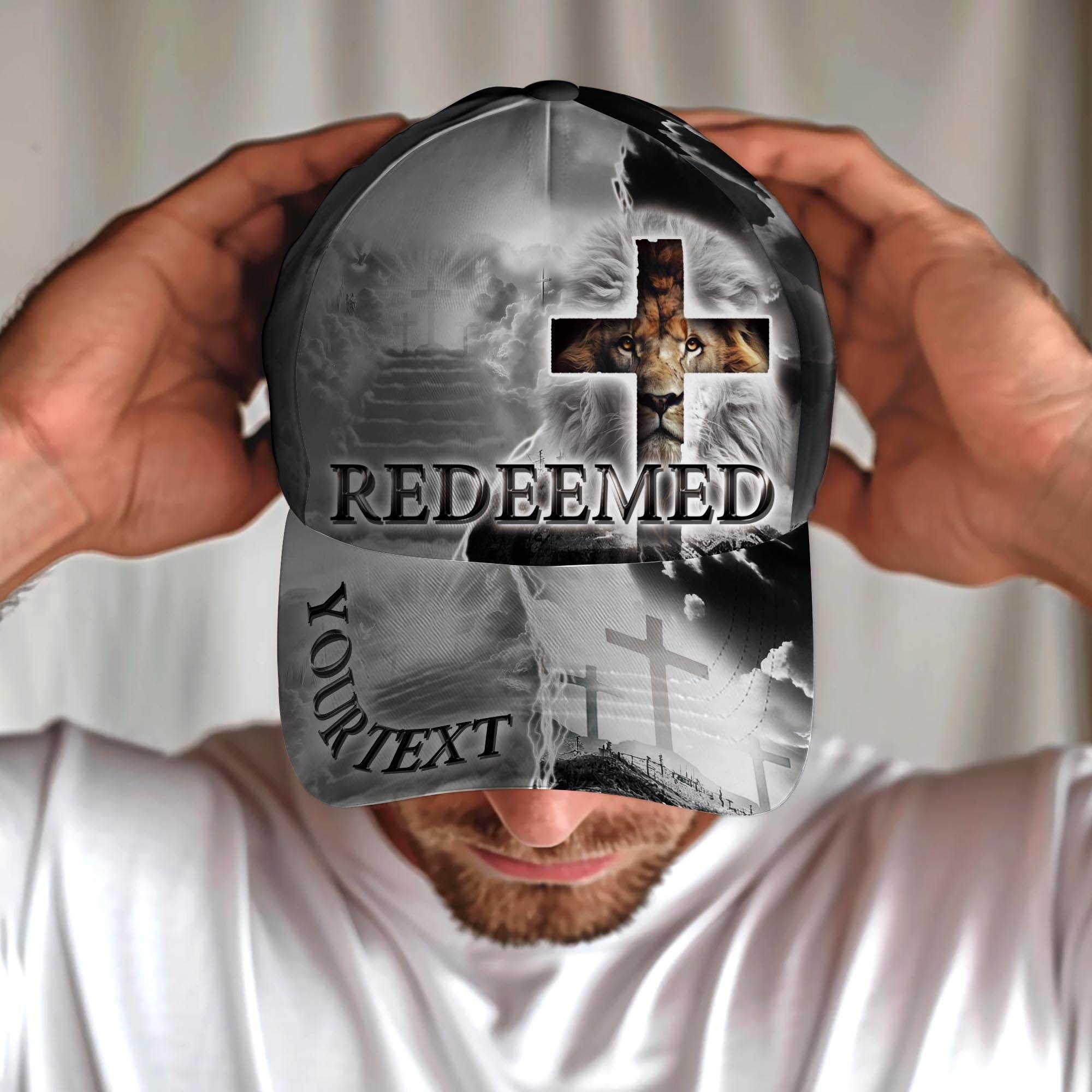 REDEEMED Custom White Cross & Lion Cap – Heaven’s Pathway Christian Hat - Rust Field Wear