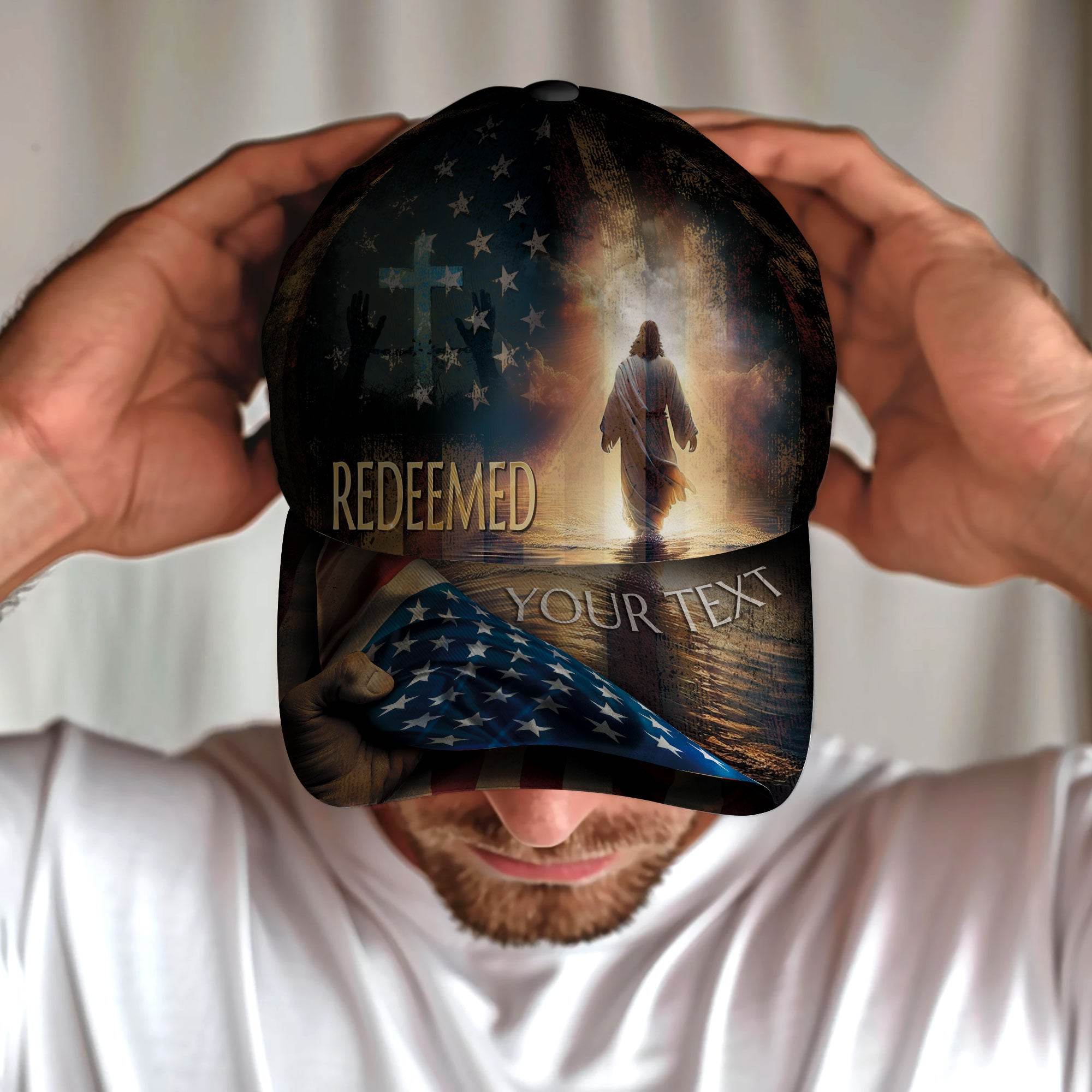 Redeemed in His Light – Christian Jesus Cross Custom Cap with American Flag - Rust Field Wear