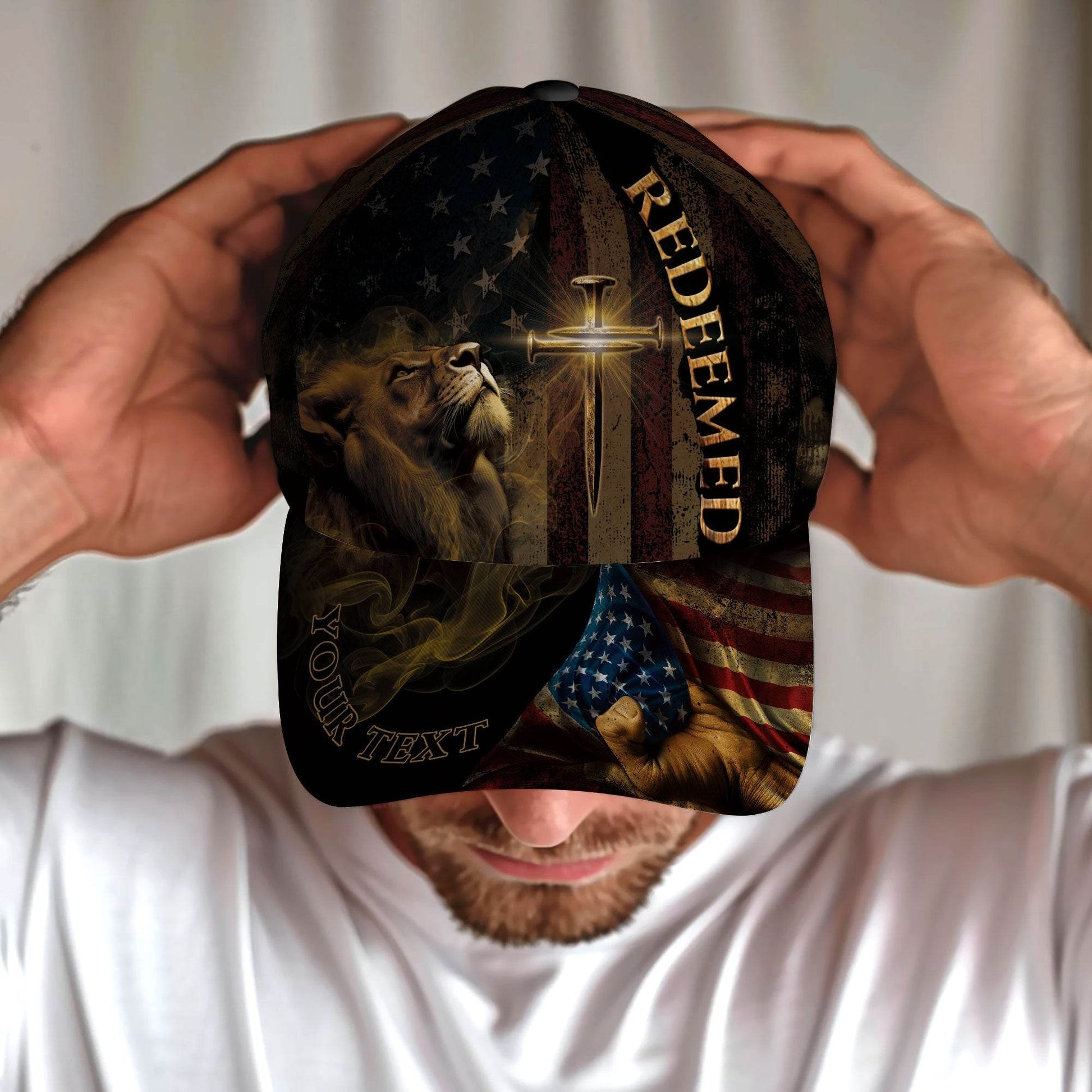 REDEEMED Christian Lion & Sword Hat – American Faith Personalized Edition - Rust Field Wear