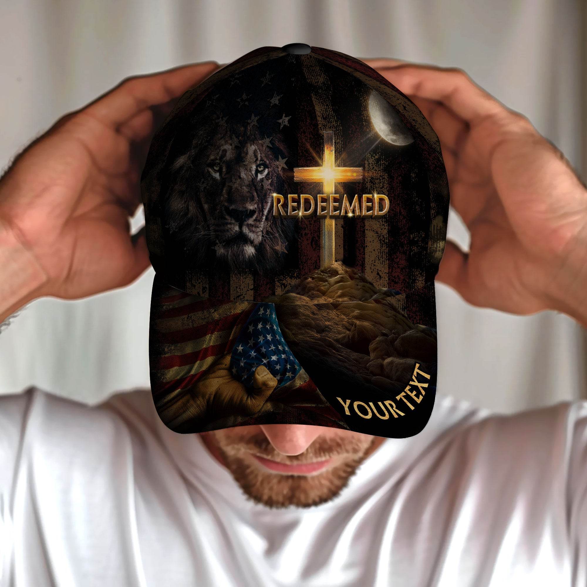 REDEEMED Lion of Judah Cap – Cross & Flag Patriotic Christian Personalized Hat - Rust Field Wear