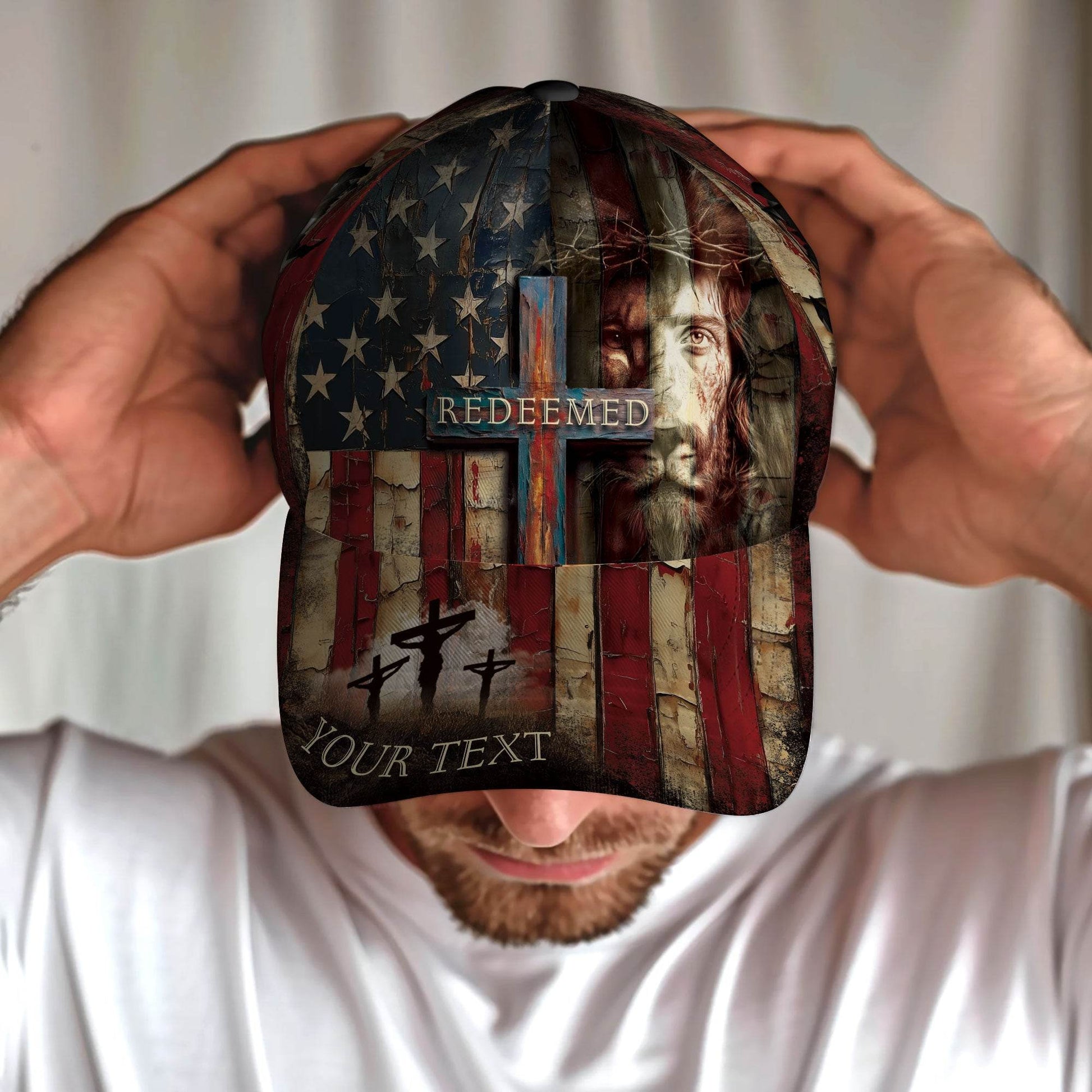 REDEEMED Christian Flag Cap – Jesus Face & Cross Patriotic Personalized Hat - Rust Field Wear