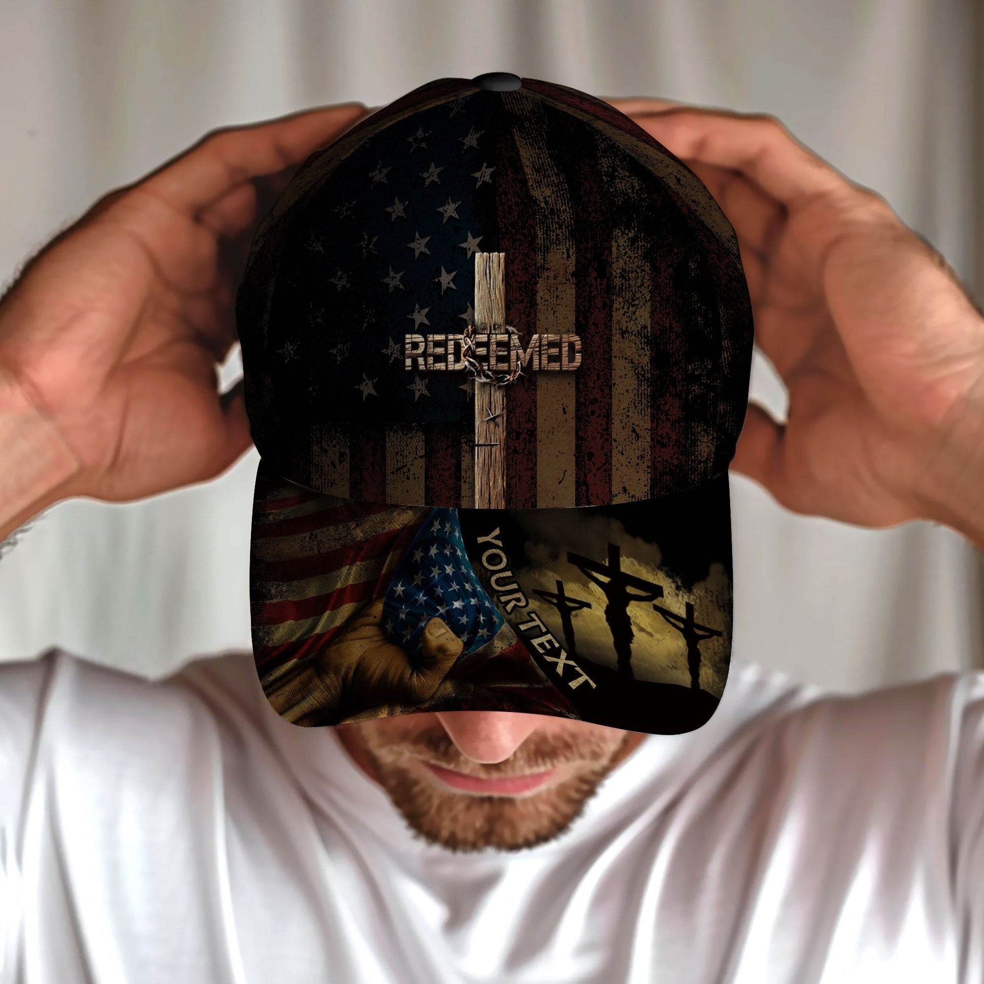 REDEEMED American Flag Cross Cap – Personalized Christian Hat - Rust Field Wear