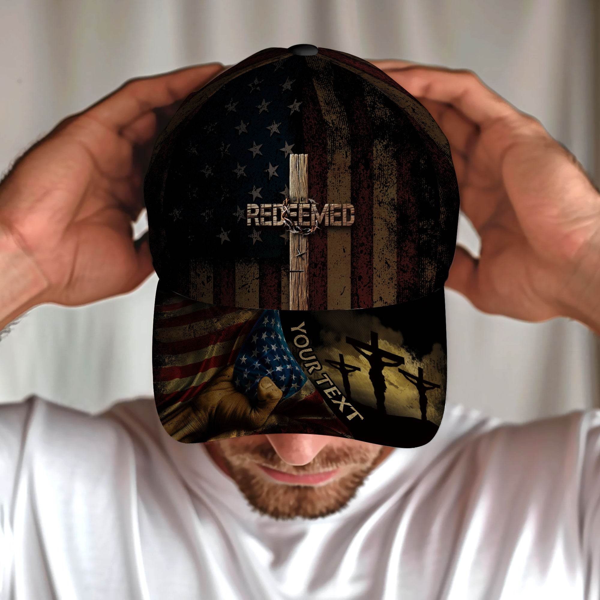 REDEEMED American Flag Cross Cap – Personalized Christian Hat - Rust Field Wear