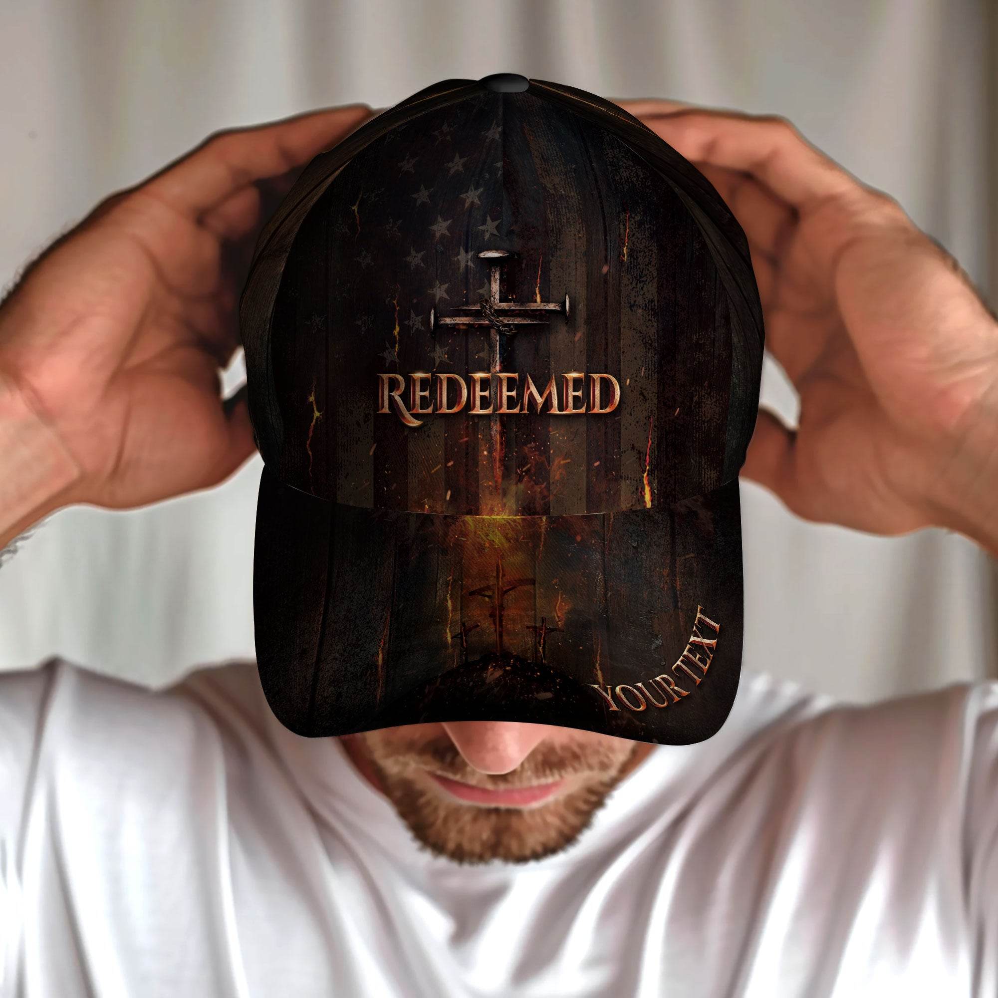 Redeemed by the Cross – Christian American Flag Customized Hat - Rust Field Wear