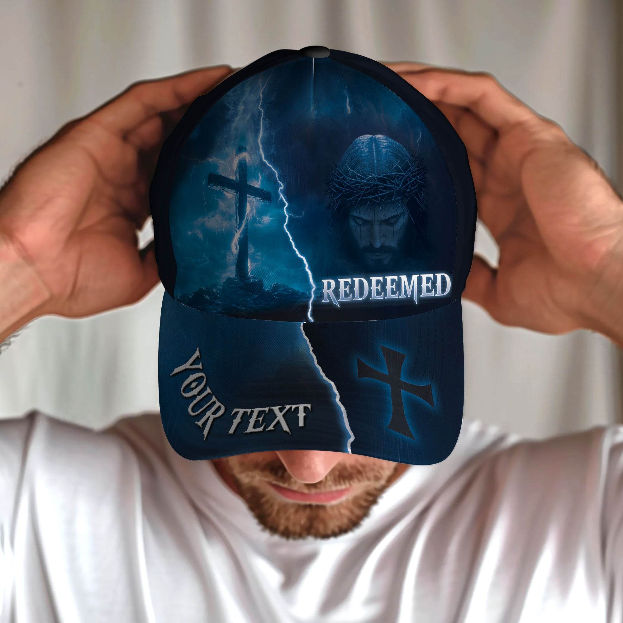 REDEEMED Cross & Christ Cap – Stormy Blue Christian Hat with Custom Text - Rust Field Wear
