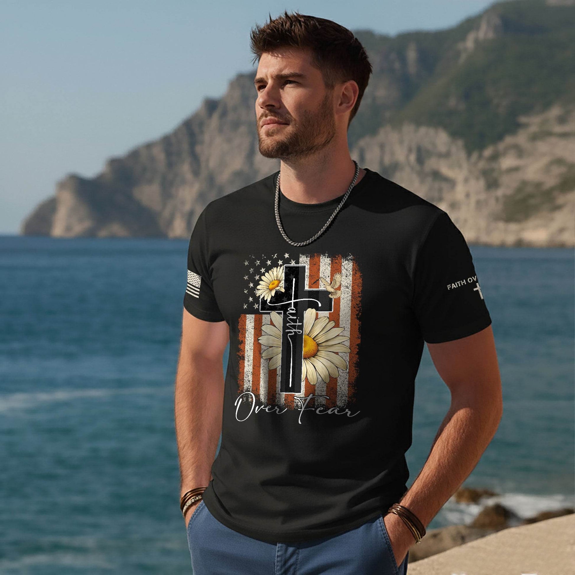 Faith Over Fear Shirt – Daisy Cross USA Flag Christian Tee - Rust Field Wear
