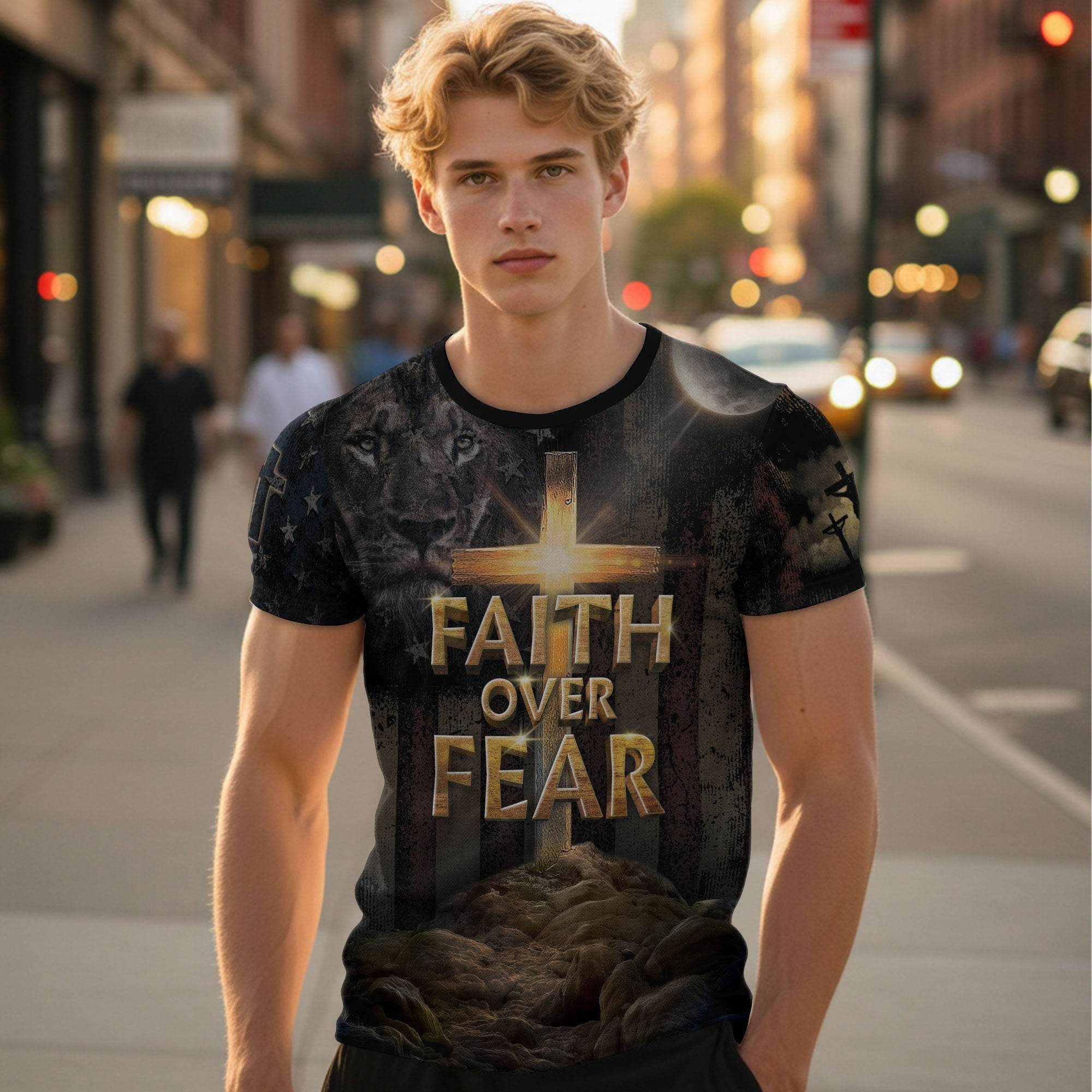 Faith Over Fear | Cross of Light & Warrior Lion Christian Shirt - Rust Field Wear