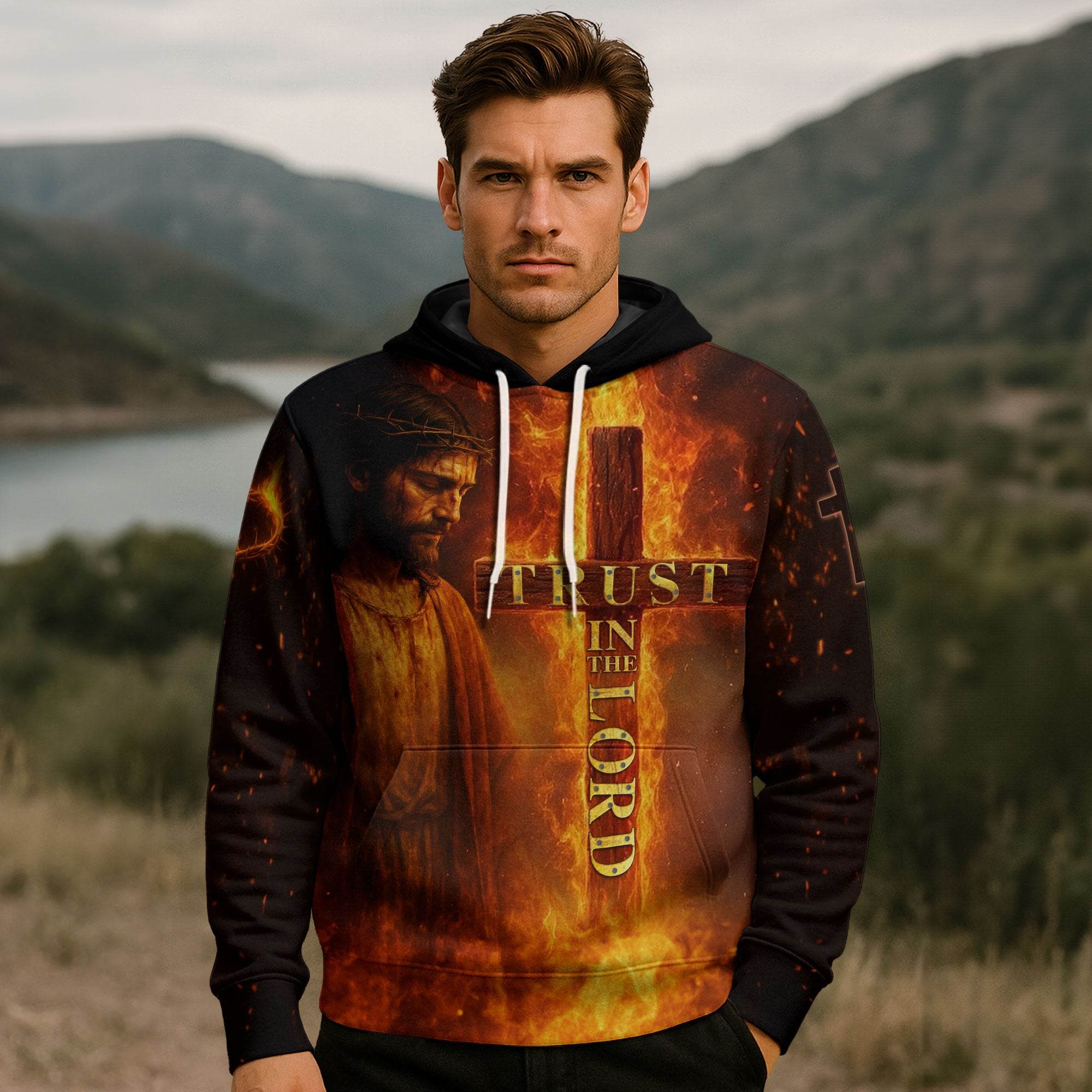 Trust In The Lord Lion & Cross Fire Design Hoodie - Rust Field Wear