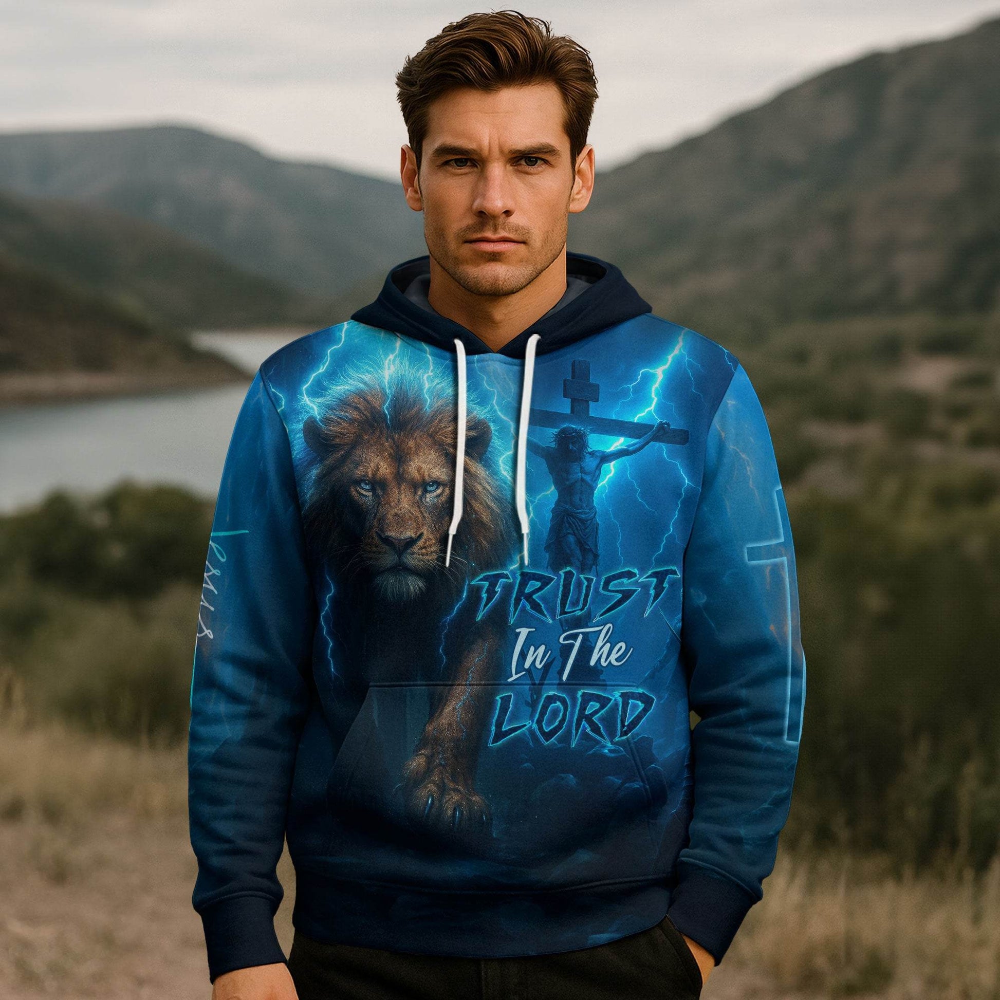 Trust In The Lord Blue Lightning Lion & Cross Design Hoodie - Rust Field Wear
