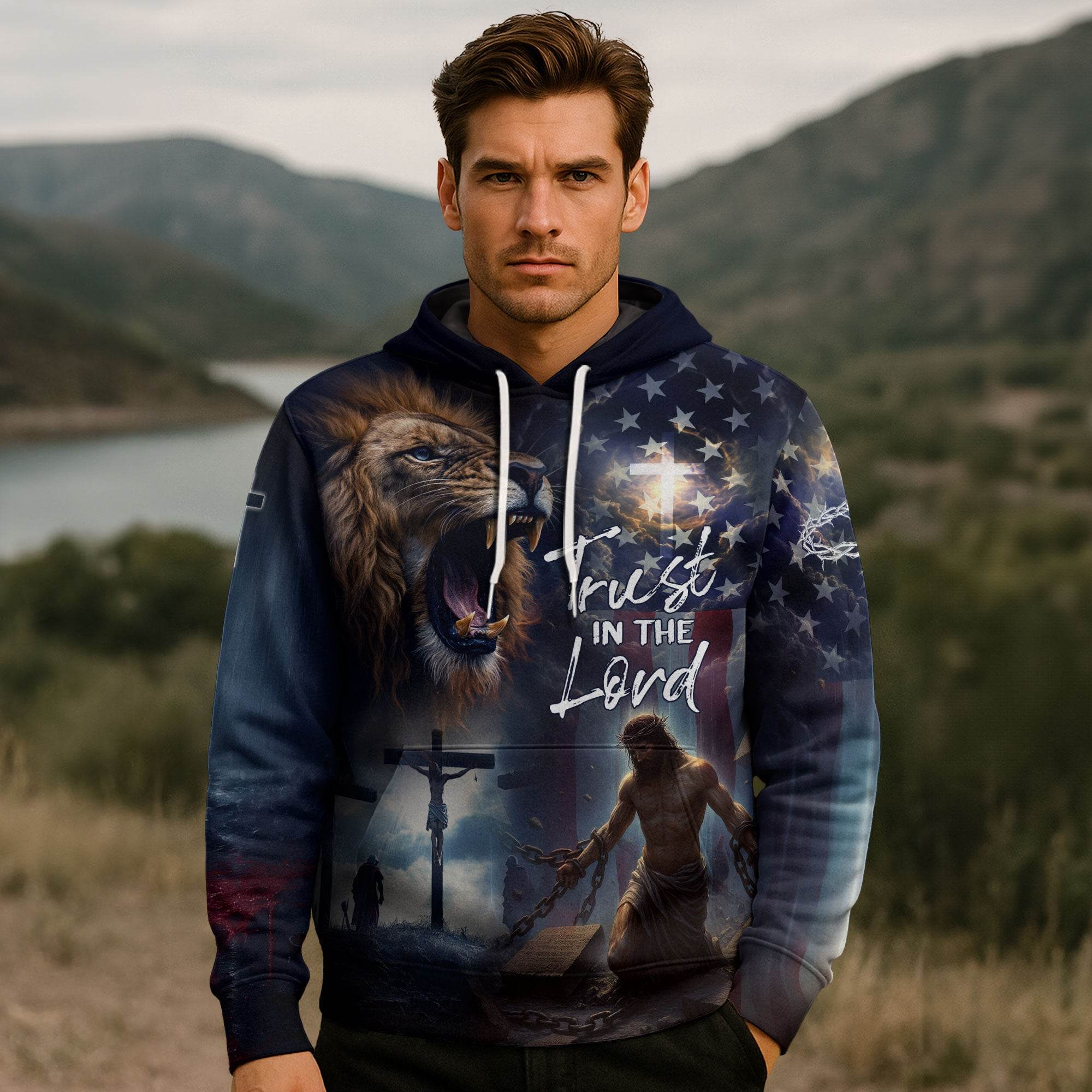 Trust In The Lord Lion & Cross American Flag Christian Hoodie - Rust Field Wear