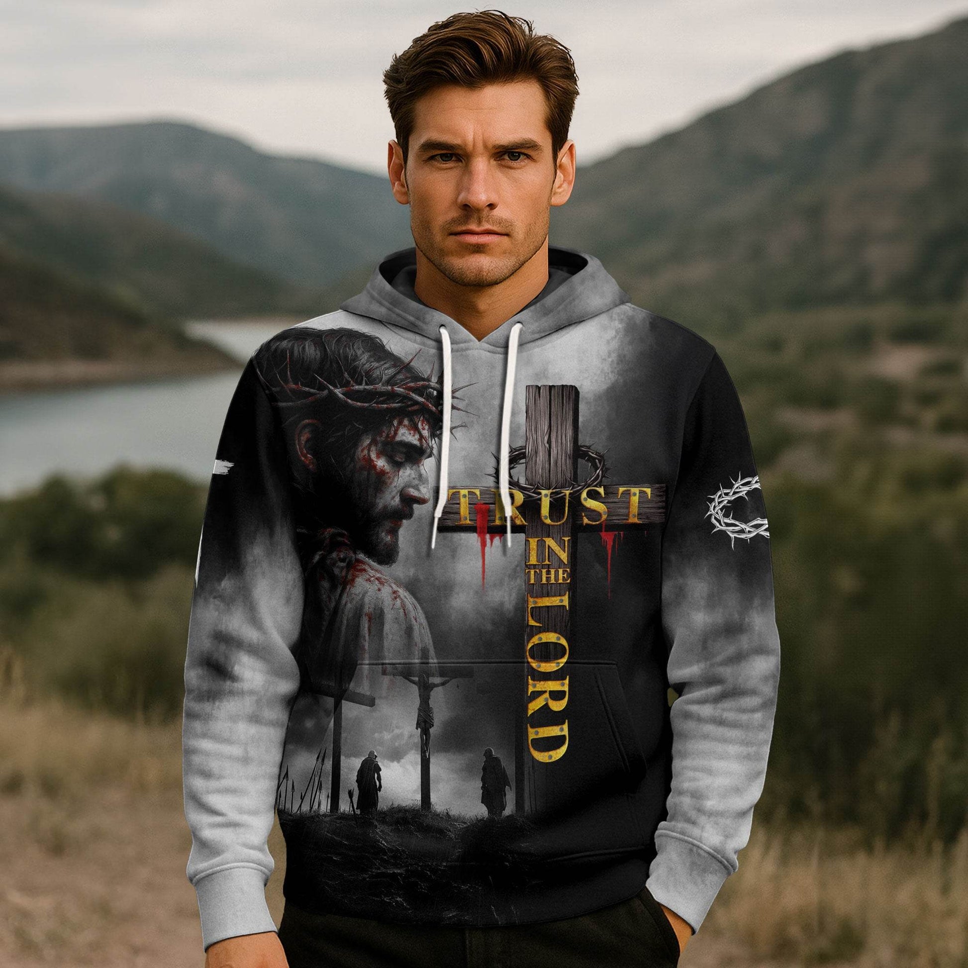 Trust In The Lord Cross & Lion Warrior Christian Hoodie - Rust Field Wear