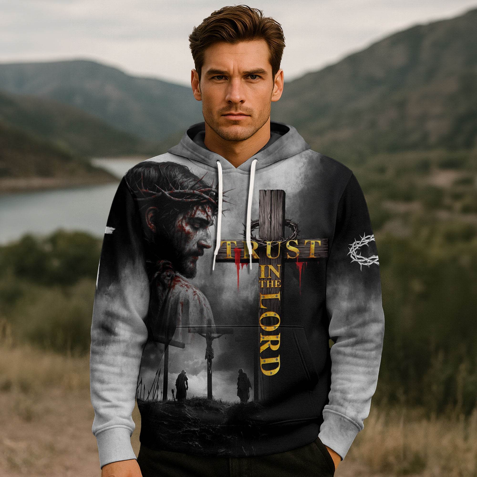 Trust In The Lord Cross & Lion Warrior Christian Hoodie - Rust Field Wear