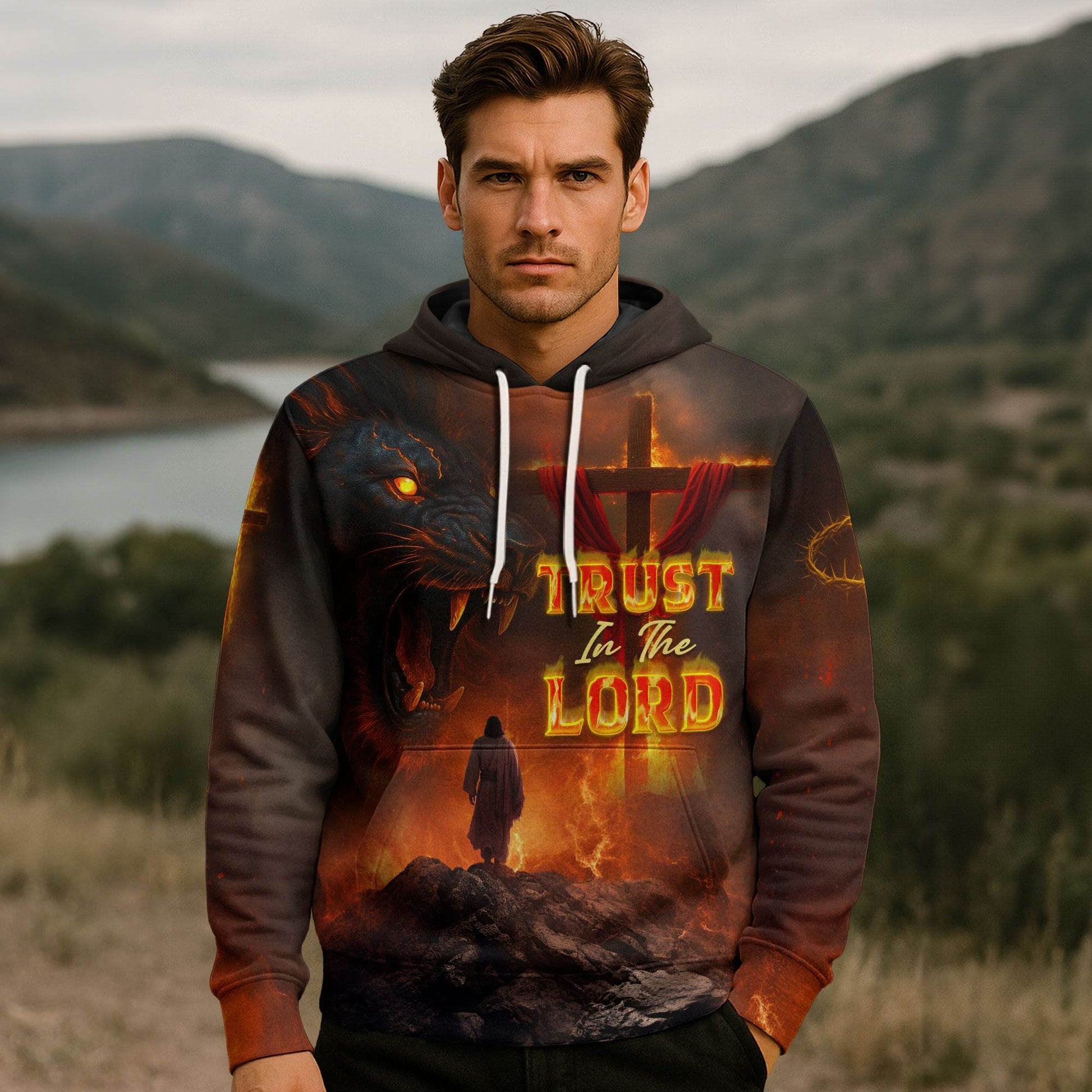 Trust In The Lord Cross & Lion Fire Design Hoodie - Rust Field Wear