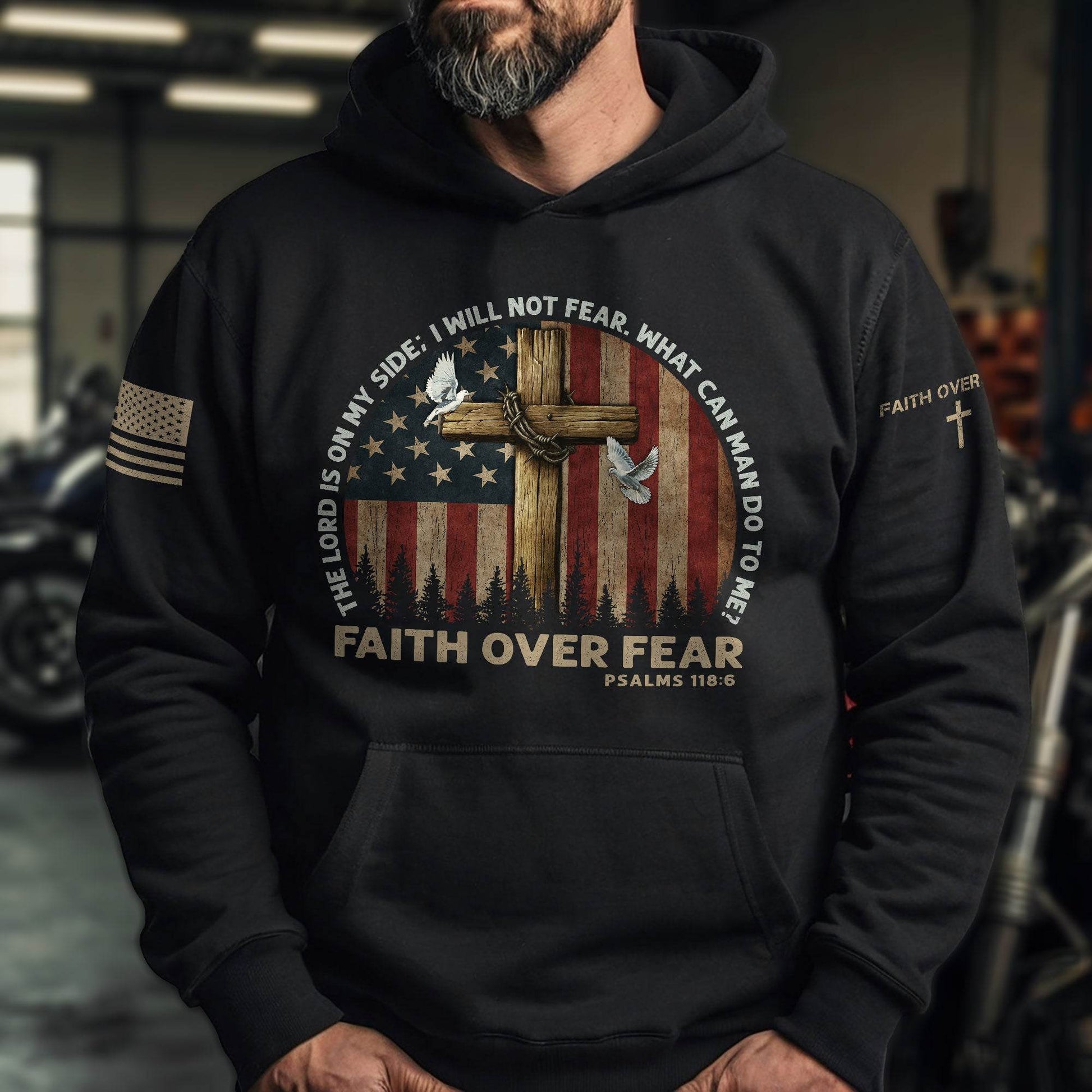 Faith Over Fear Hoodie – Psalms 118:6 Cross, Doves & Flag - Rust Field Wear