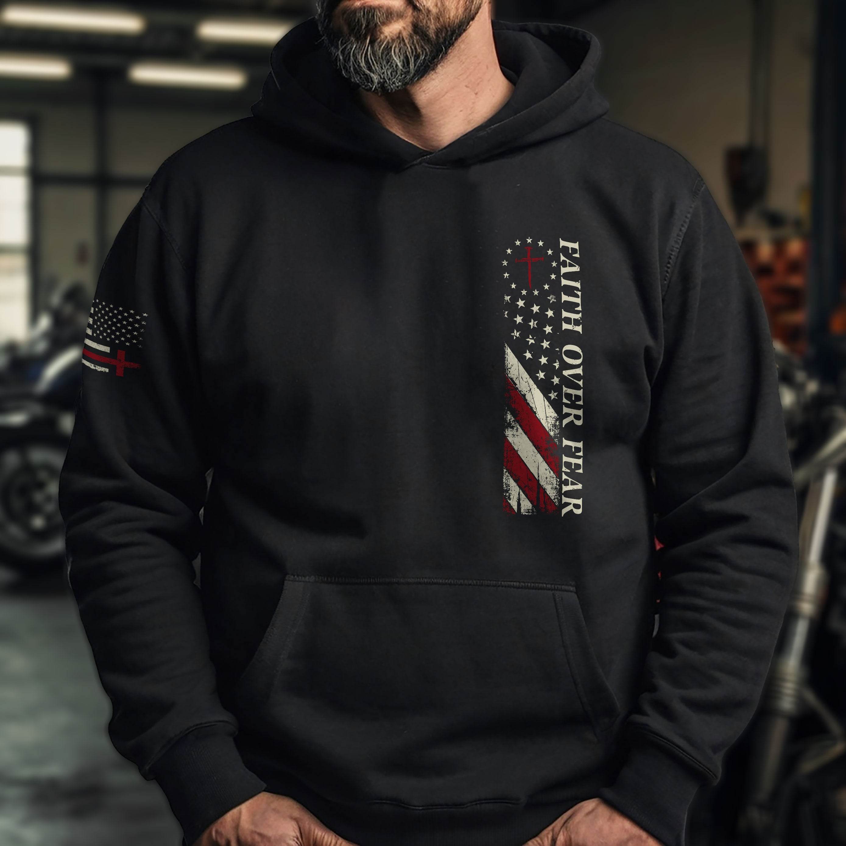 Faith Over Fear Hoodie – Cross & American Flag Front Back Print - Rust Field Wear
