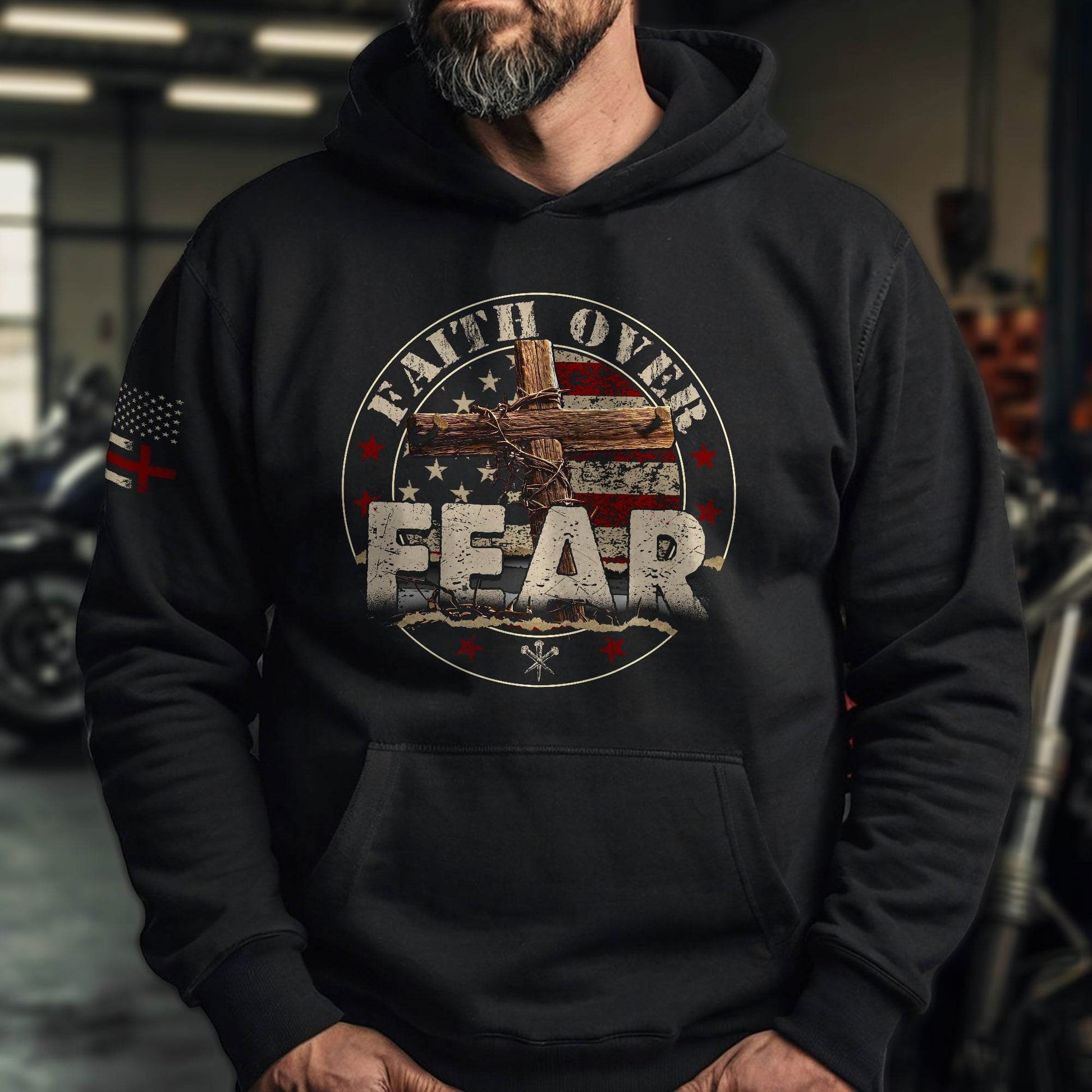 Faith Over Fear Christian Hoodie – Bold Cross & Flag Design - Rust Field Wear