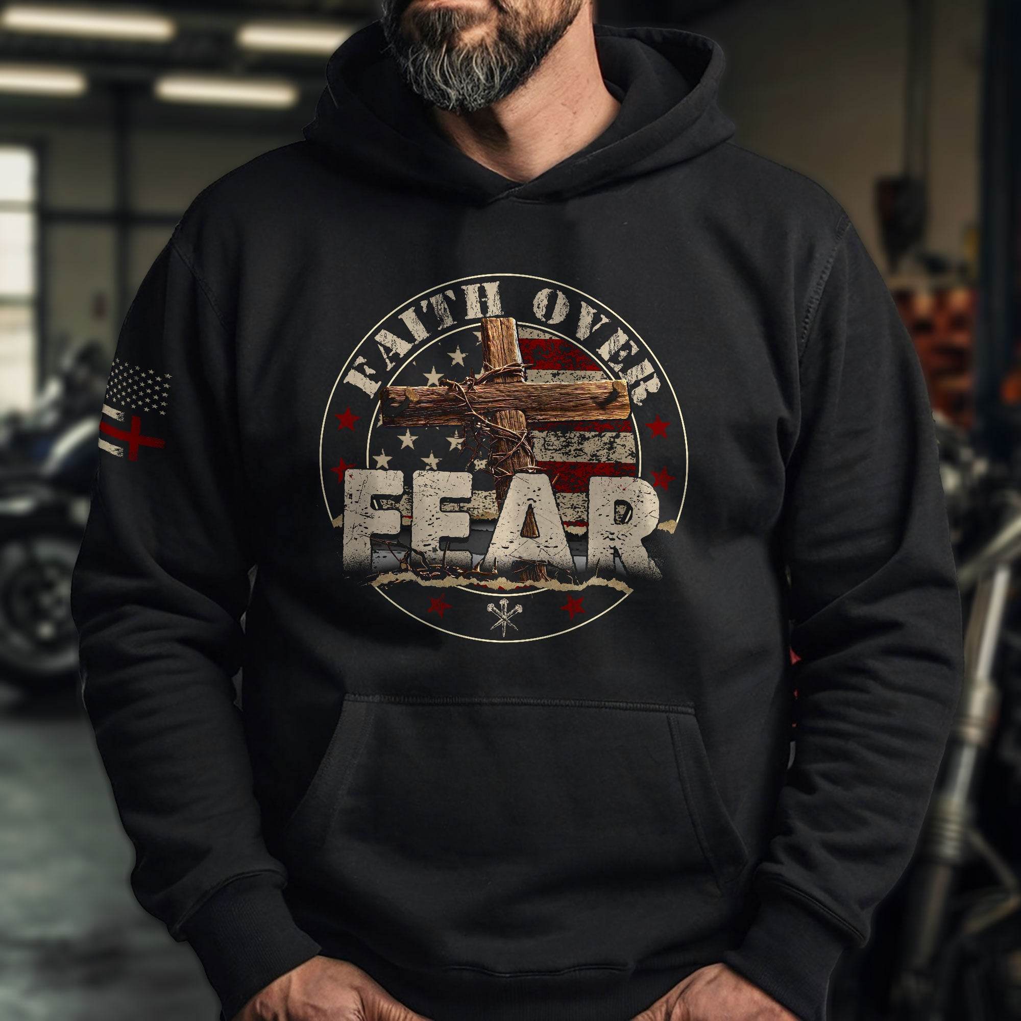 Faith Over Fear Christian Hoodie – Bold Cross & Flag Design - Rust Field Wear