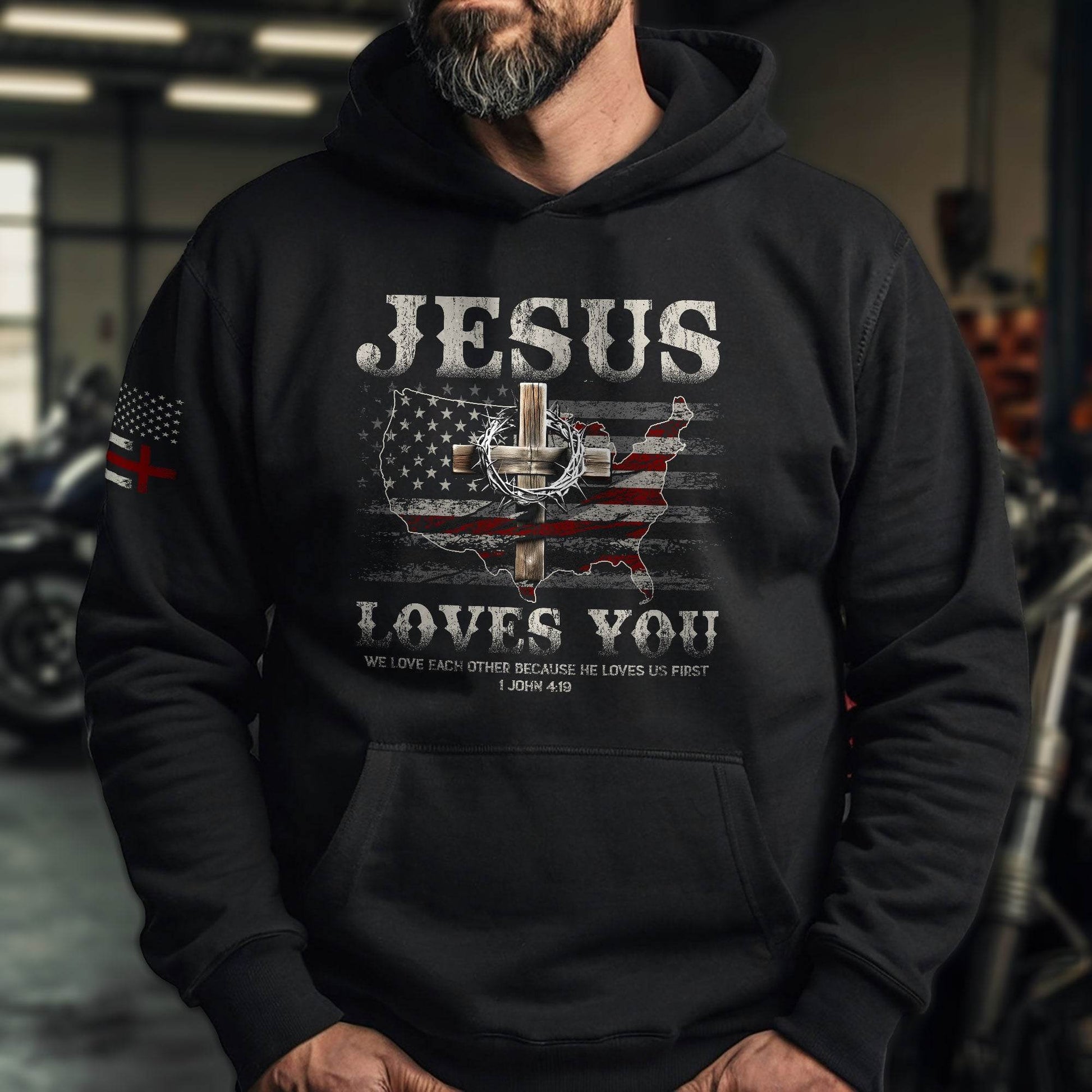 Jesus Loves You Hoodie – 1 John 4:19 Cross & USA Flag Design - Rust Field Wear