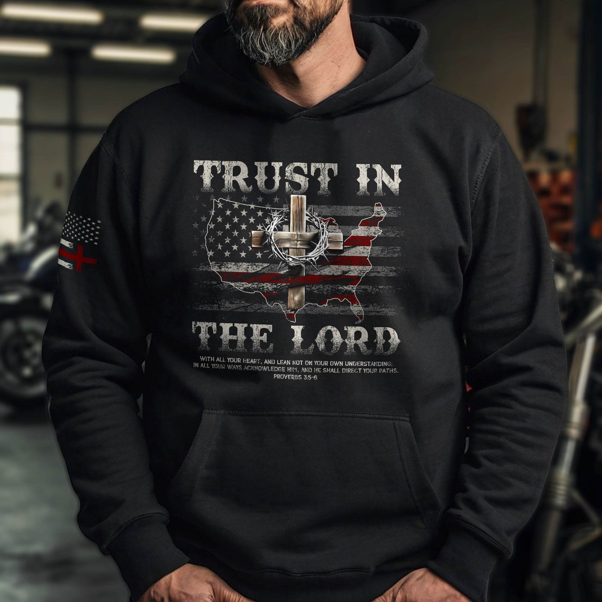 Trust in the Lord Hoodie – Proverbs 3:5-6 Cross & USA Flag Design - Rust Field Wear