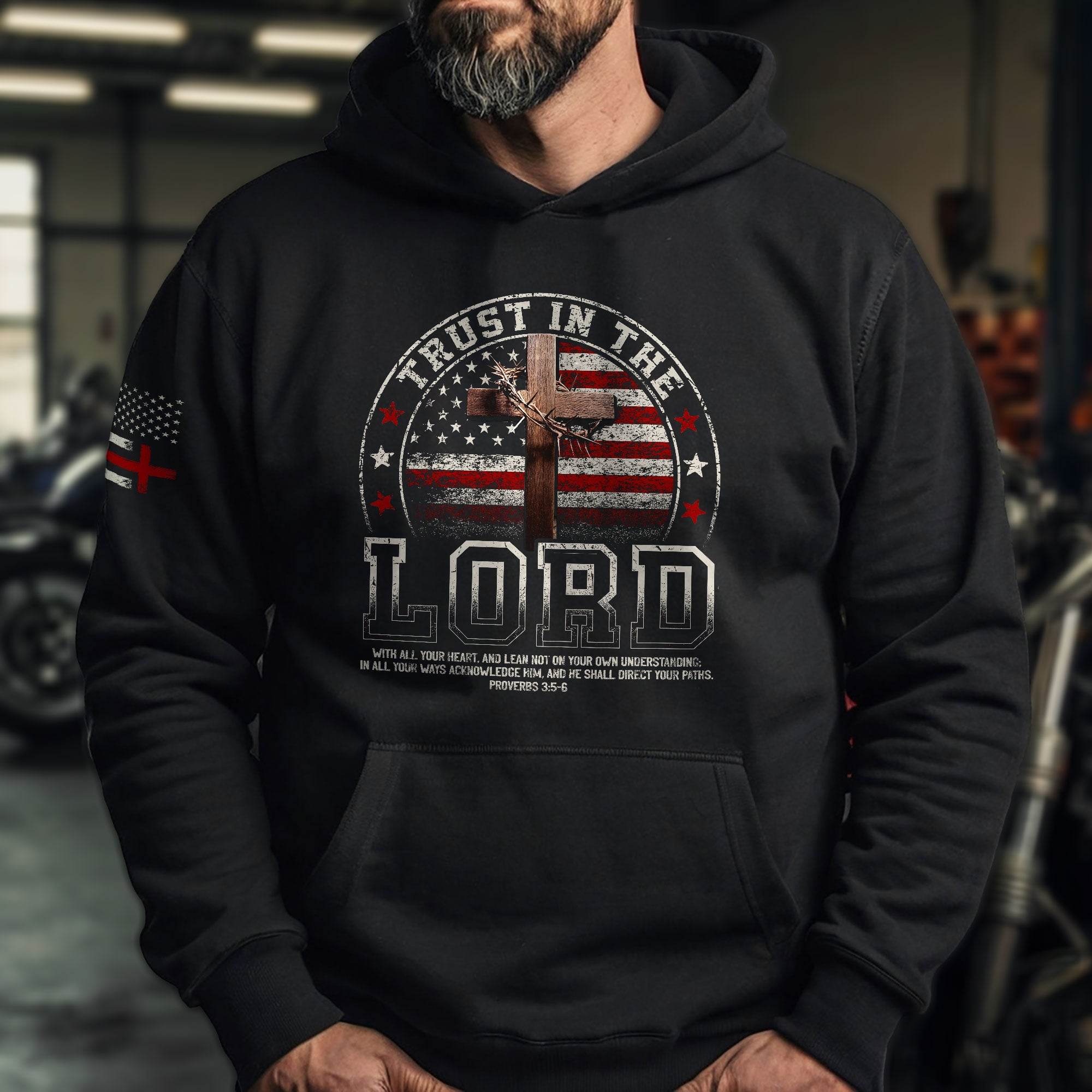 Trust in the Lord Hoodie – Proverbs 3:5-6 Cross & Flag Graphic - Rust Field Wear