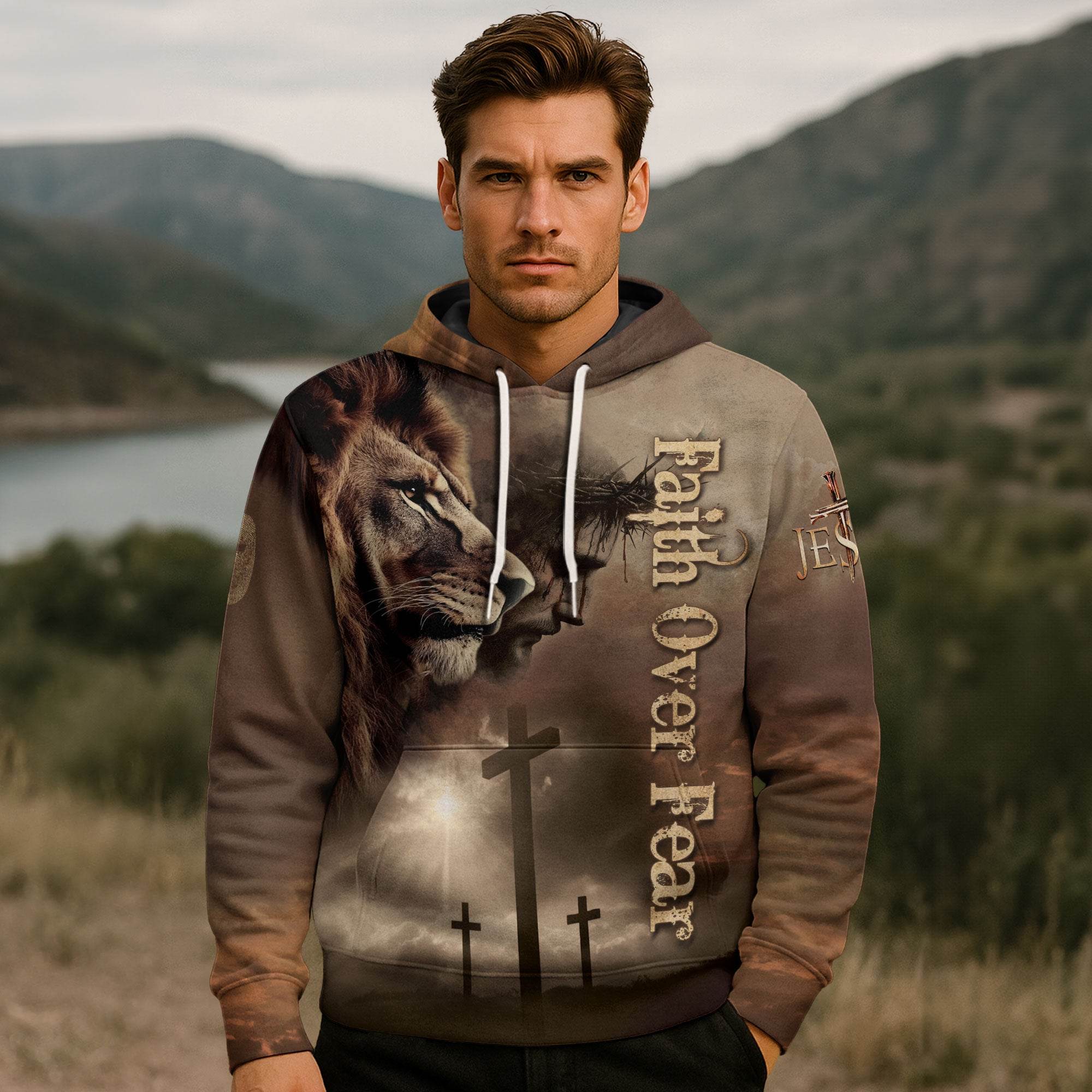 Faith Over Fear The Savior And The King Lion Jesus Hoodie - Rust Field Wear