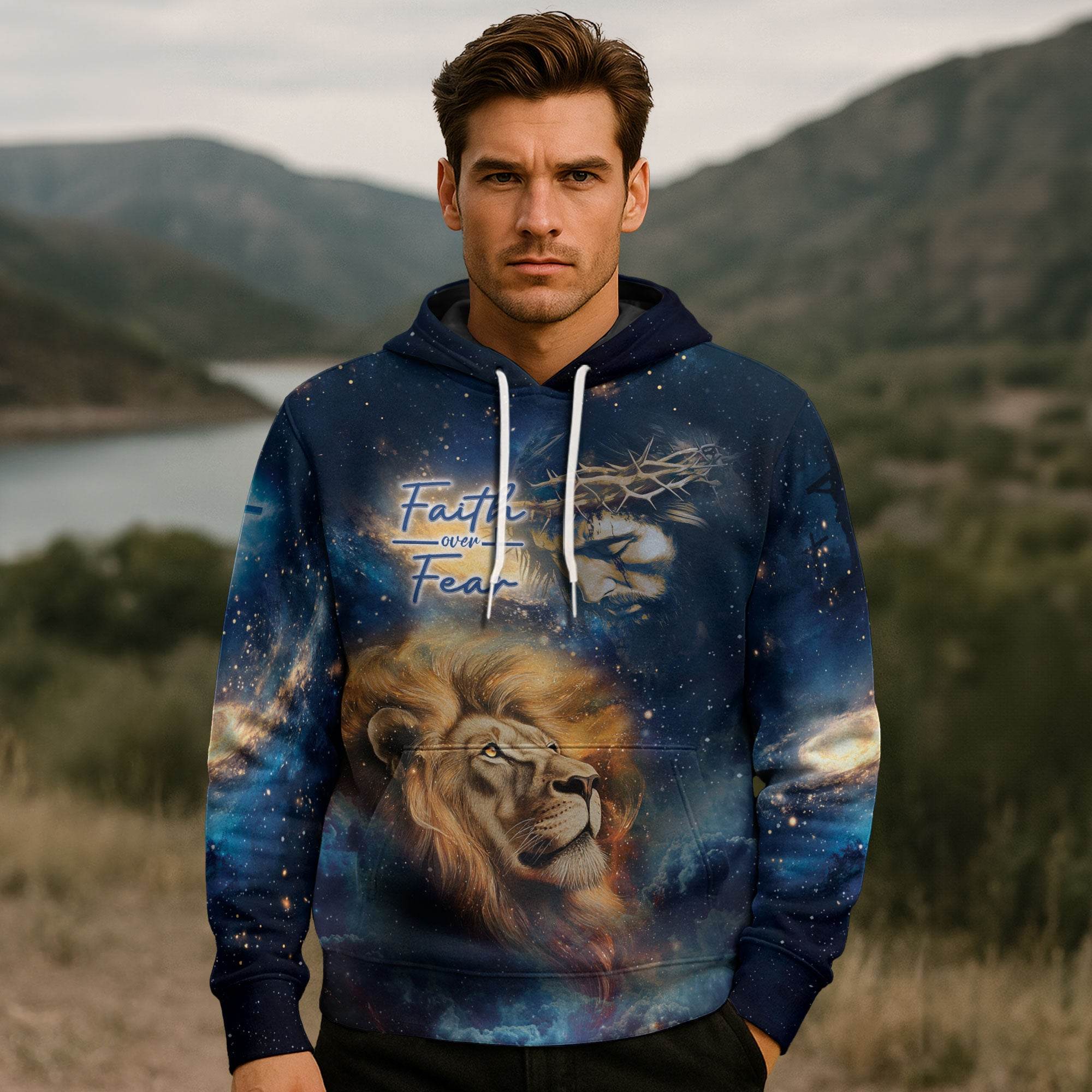 Faith Over Fear Cosmic Lion And Jesus Christian Hoodie - Rust Field Wear