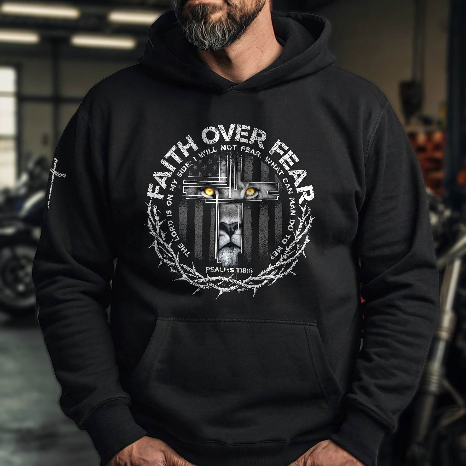 Faith Over Fear Lion Cross Crown of Thorns Psalms 118:6 Hoodie - Rust Field Wear