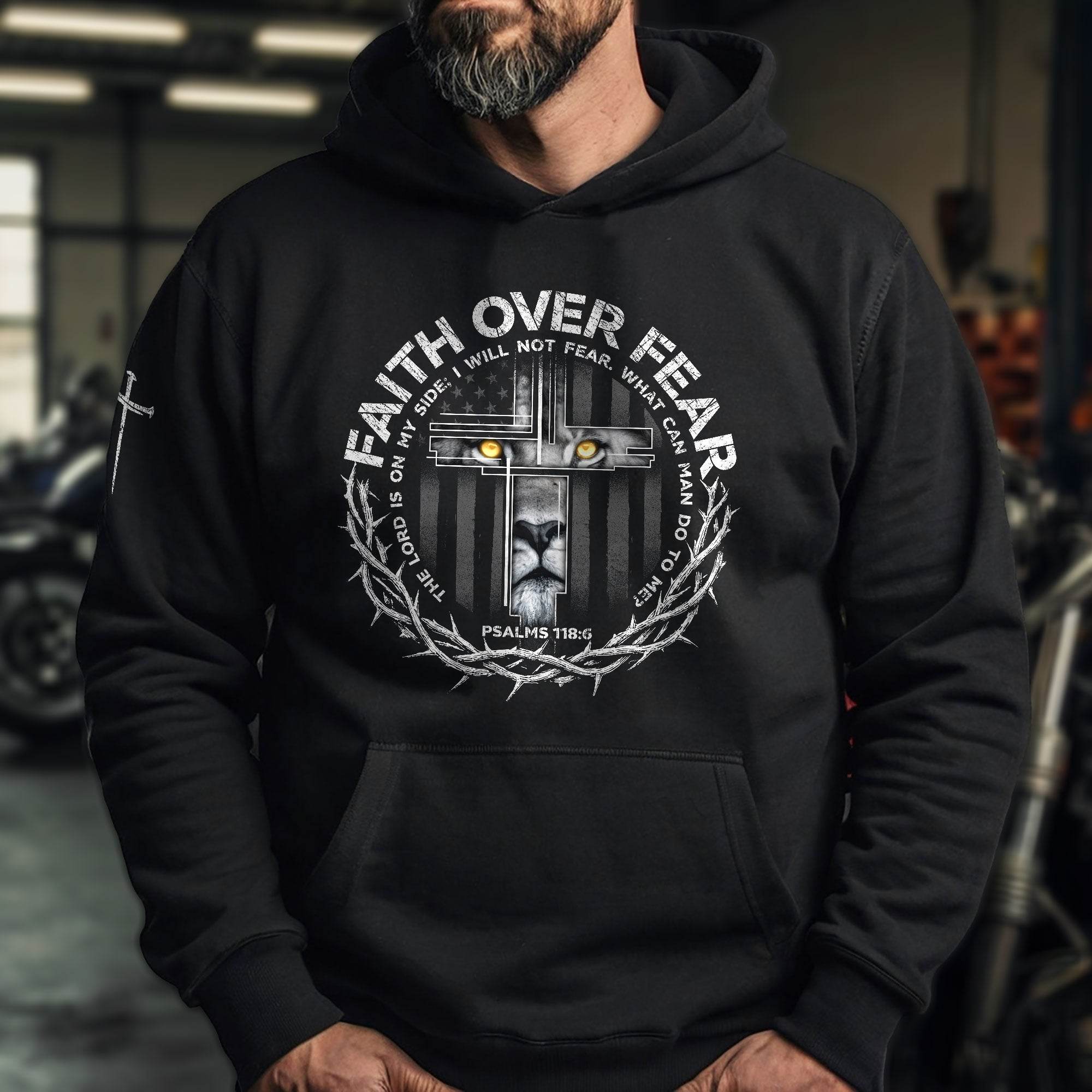 Faith Over Fear Lion Cross Crown of Thorns Psalms 118:6 Hoodie - Rust Field Wear