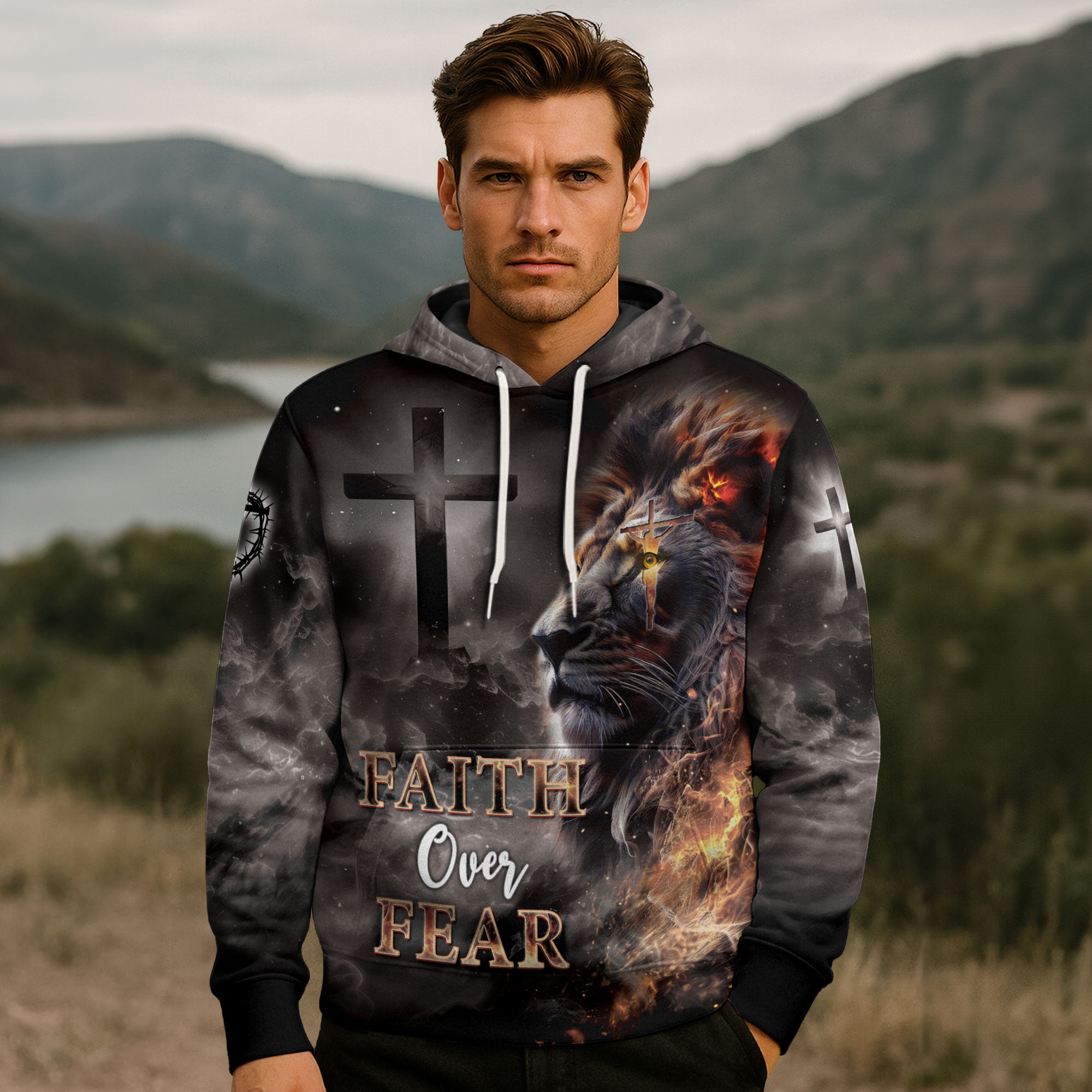 Faith Over Fear Lion Cross Hoodie